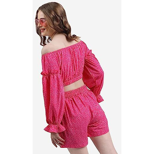 Ketch Polyester Women Western Casual Fit Co-Ord Set Standard Length Playwear Dress (Khce000053_Pink_S)