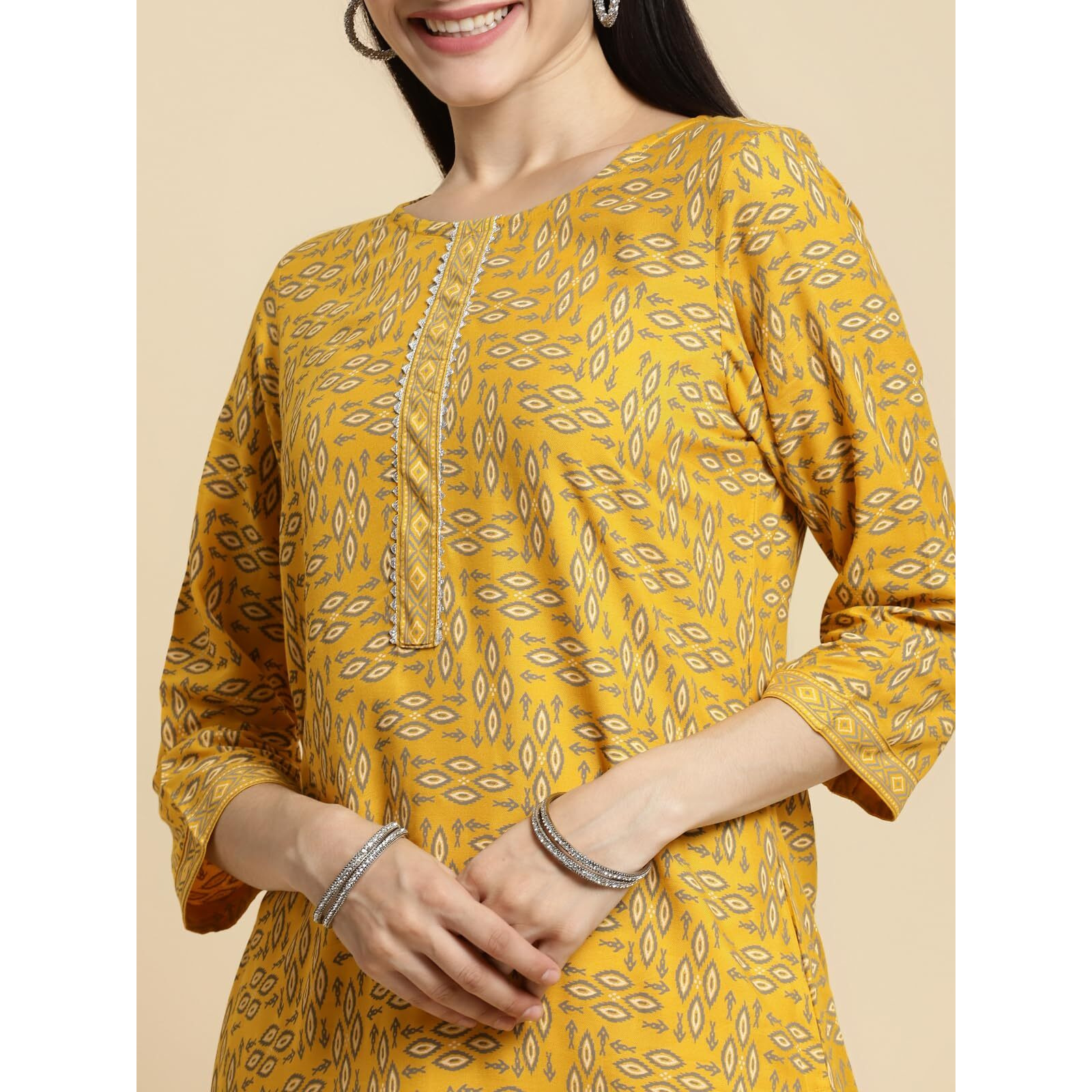Rangita Yellow Rayon Knee Length Printed Straight Kurti For Women | Kurta For Women_L