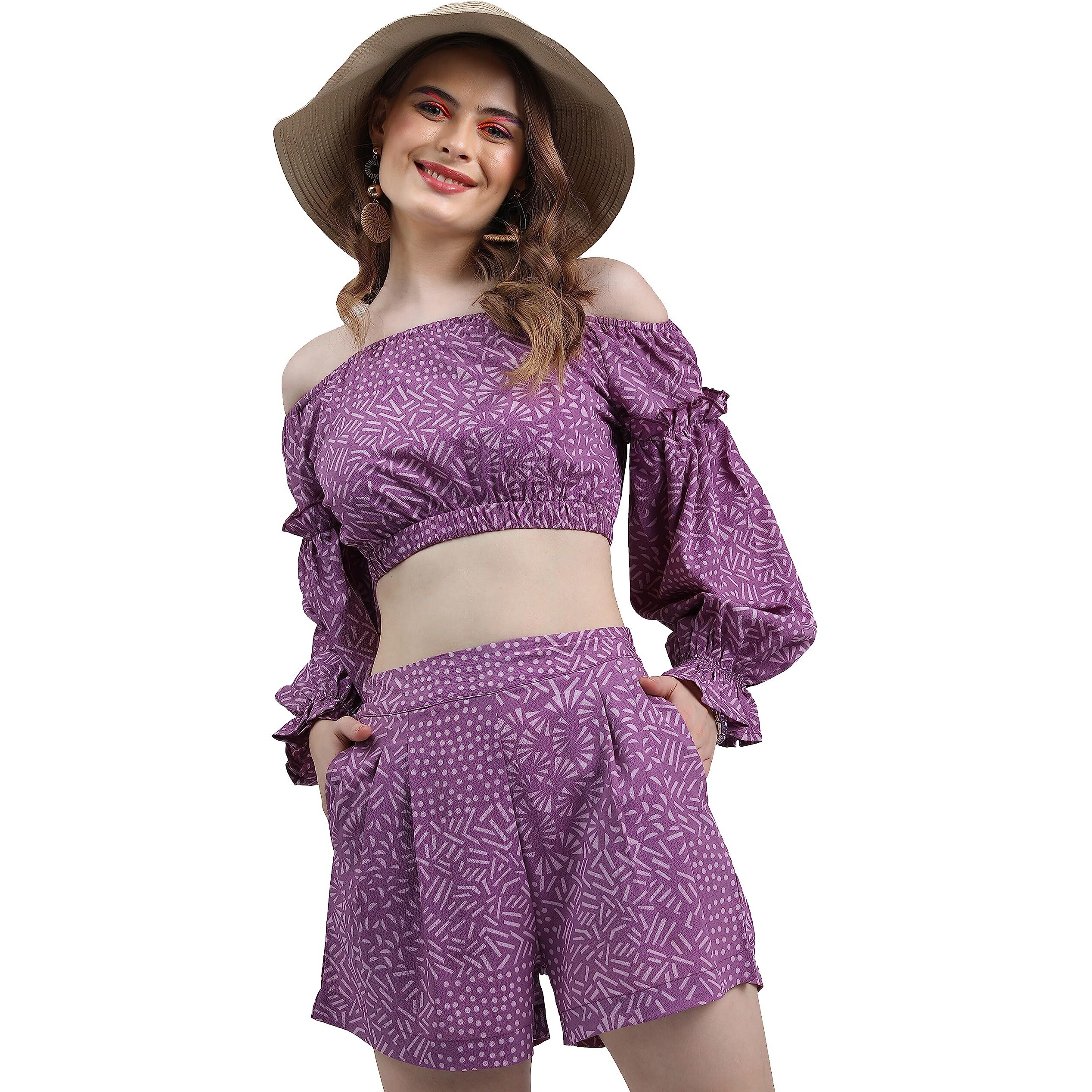 Ketch Women Polyester Printed Western Casual Fit Co-Ord Set Standard Length Playwear Dress (Khce000054_Lavender_Xs)