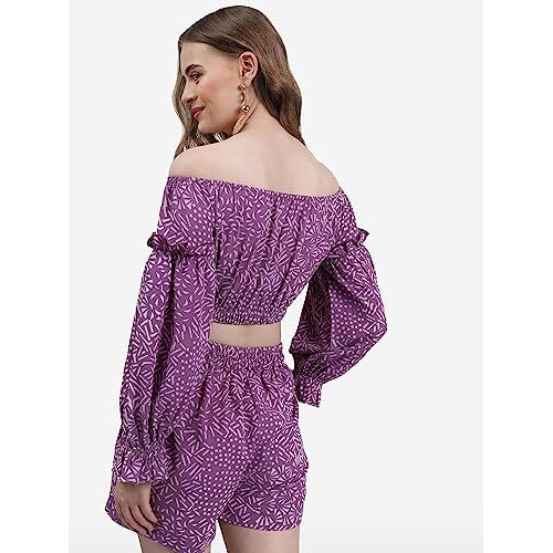 Ketch Women Polyester Printed Western Casual Fit Co-Ord Set Standard Length Playwear Dress (Khce000054_Lavender_Xs)