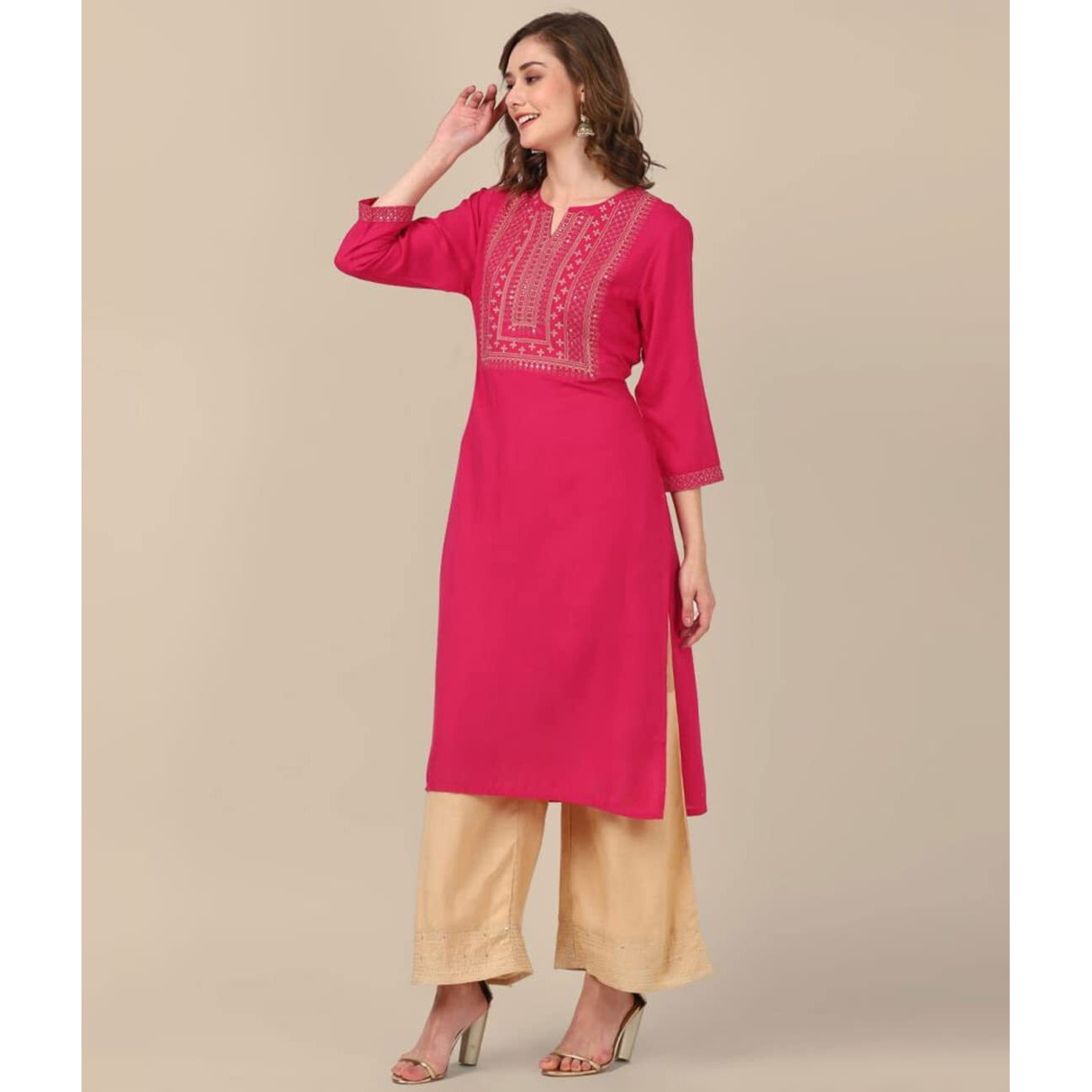 Rangita Pink Rayon Calf Length Embellished Straight Kurti For Women | Kurta For Women_L