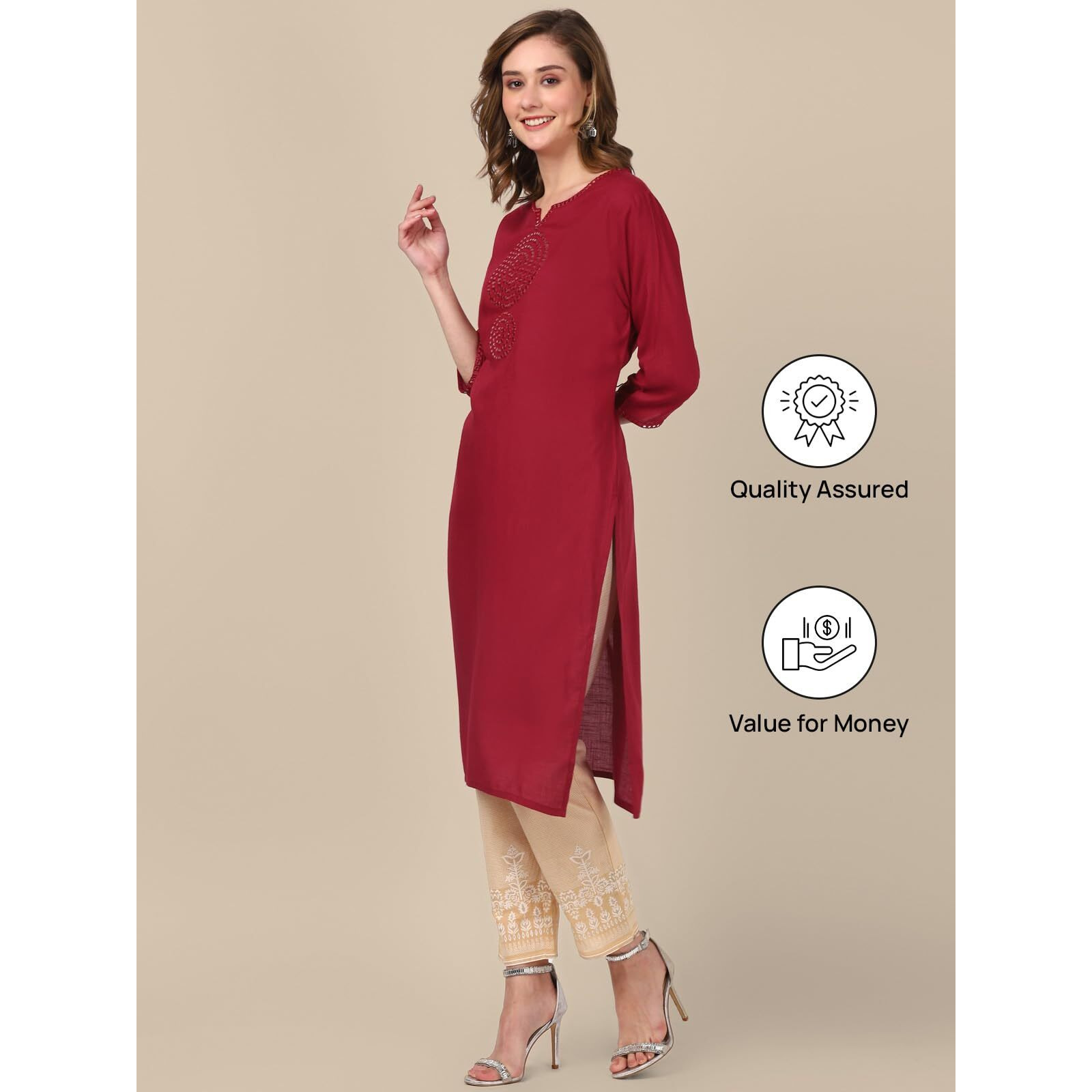 Rangita Maroon Rayon Calf Length Embroidered Straight Kurti For Women | Kurta For Women_M