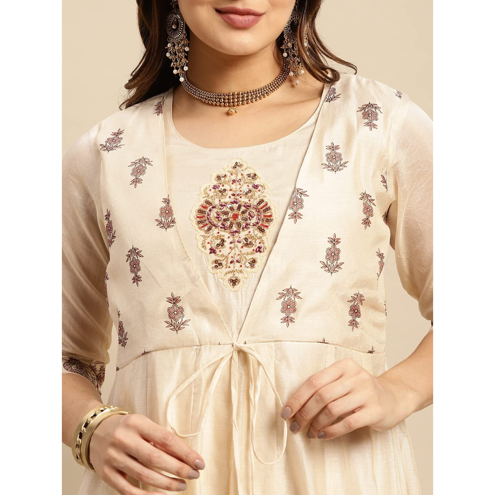 Rangita Beige Chanderi Calf Length Printed Anarkali Kurti For Women | Kurta For Women_2Xl