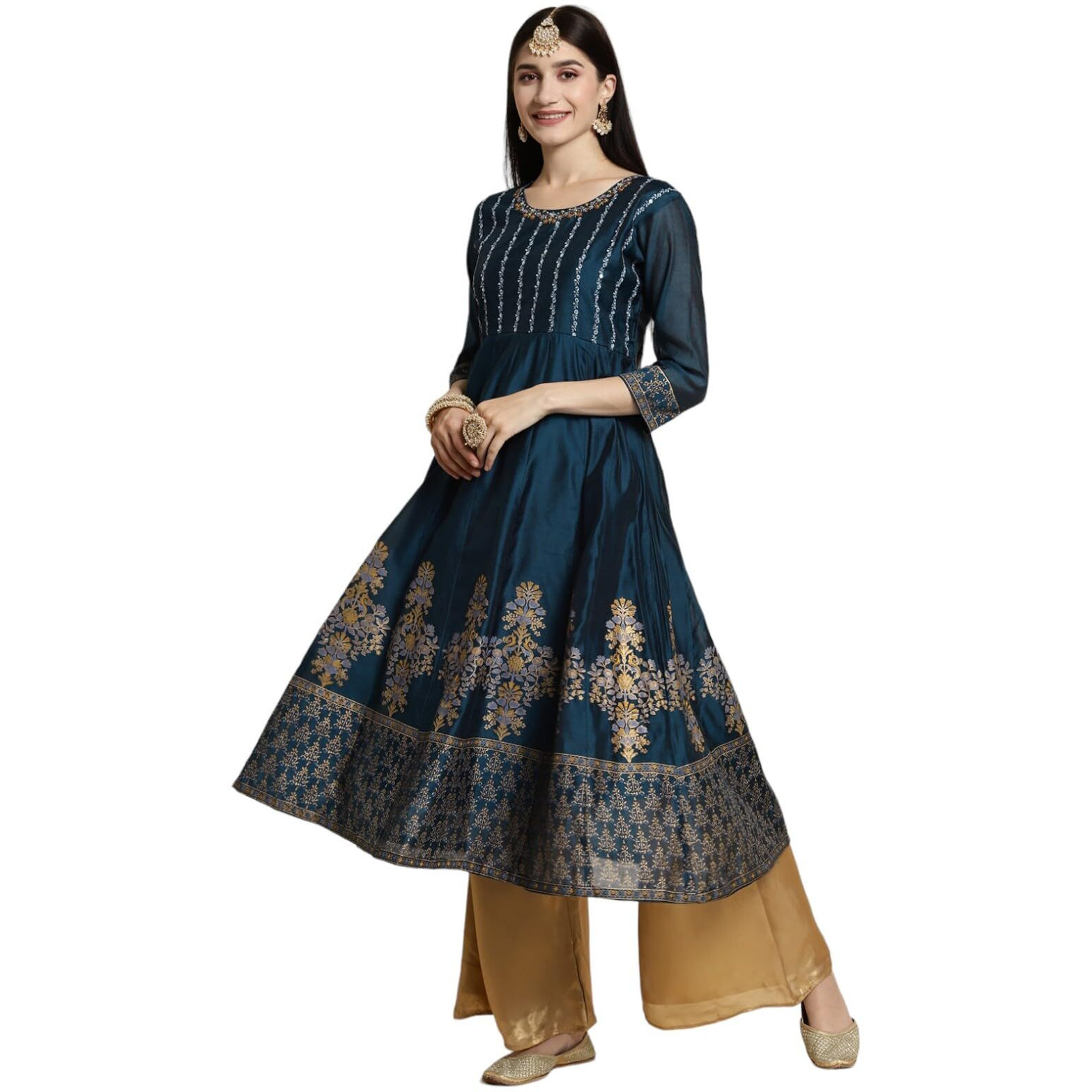 Rangita Teal Chanderi Calf Length Embroidered Anarkali Kurti For Women | Kurta For Women_Xl