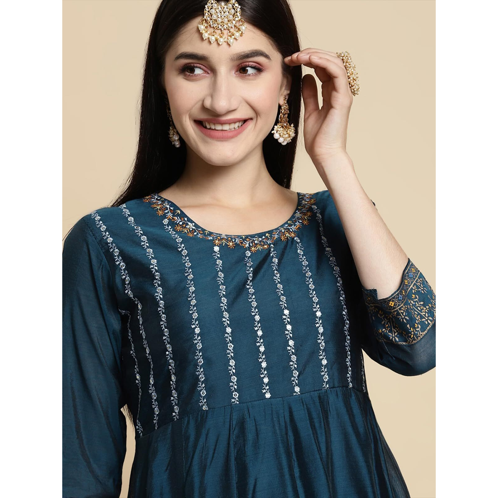 Rangita Teal Chanderi Calf Length Embroidered Anarkali Kurti For Women | Kurta For Women_Xl
