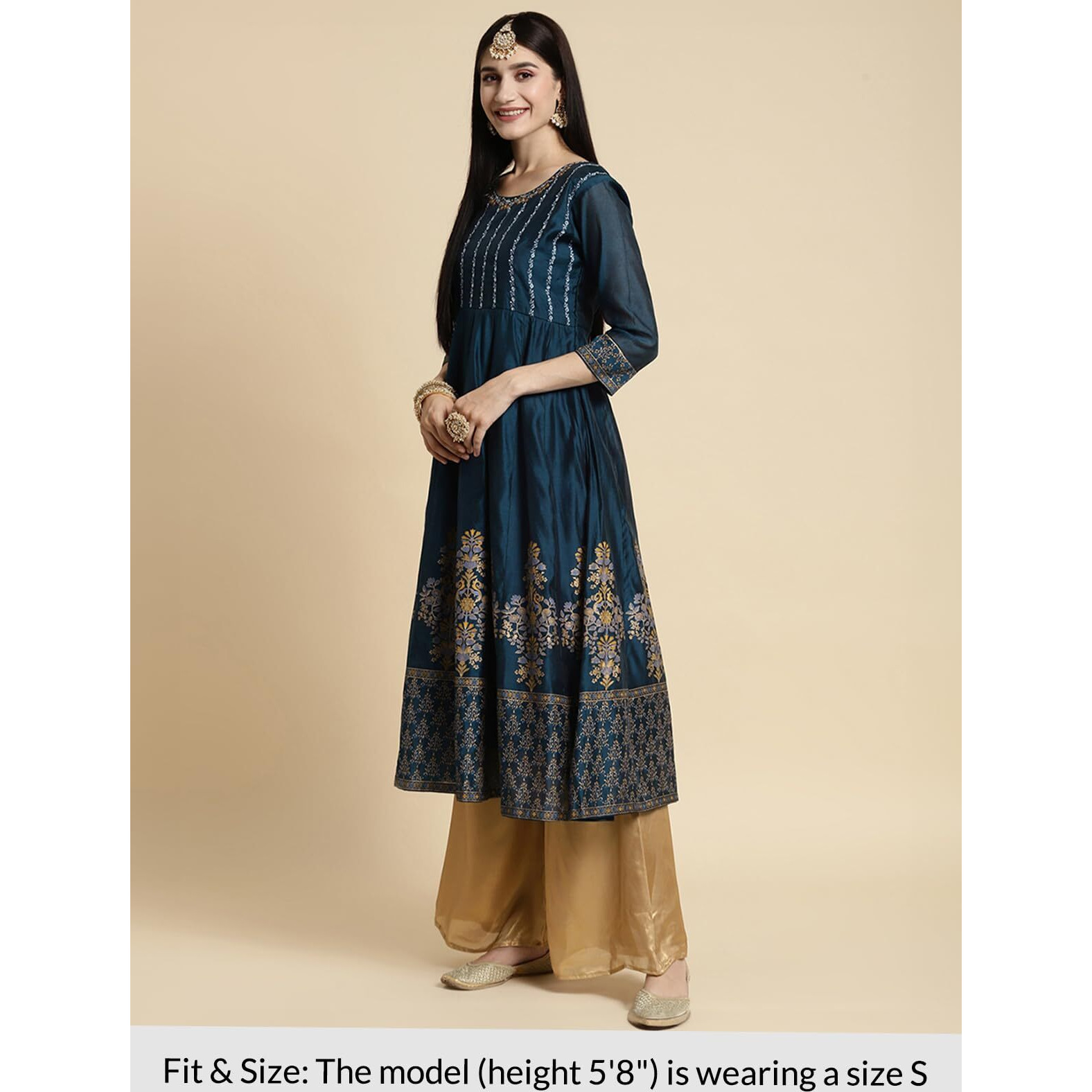 Rangita Teal Chanderi Calf Length Embroidered Anarkali Kurti For Women | Kurta For Women_Xl