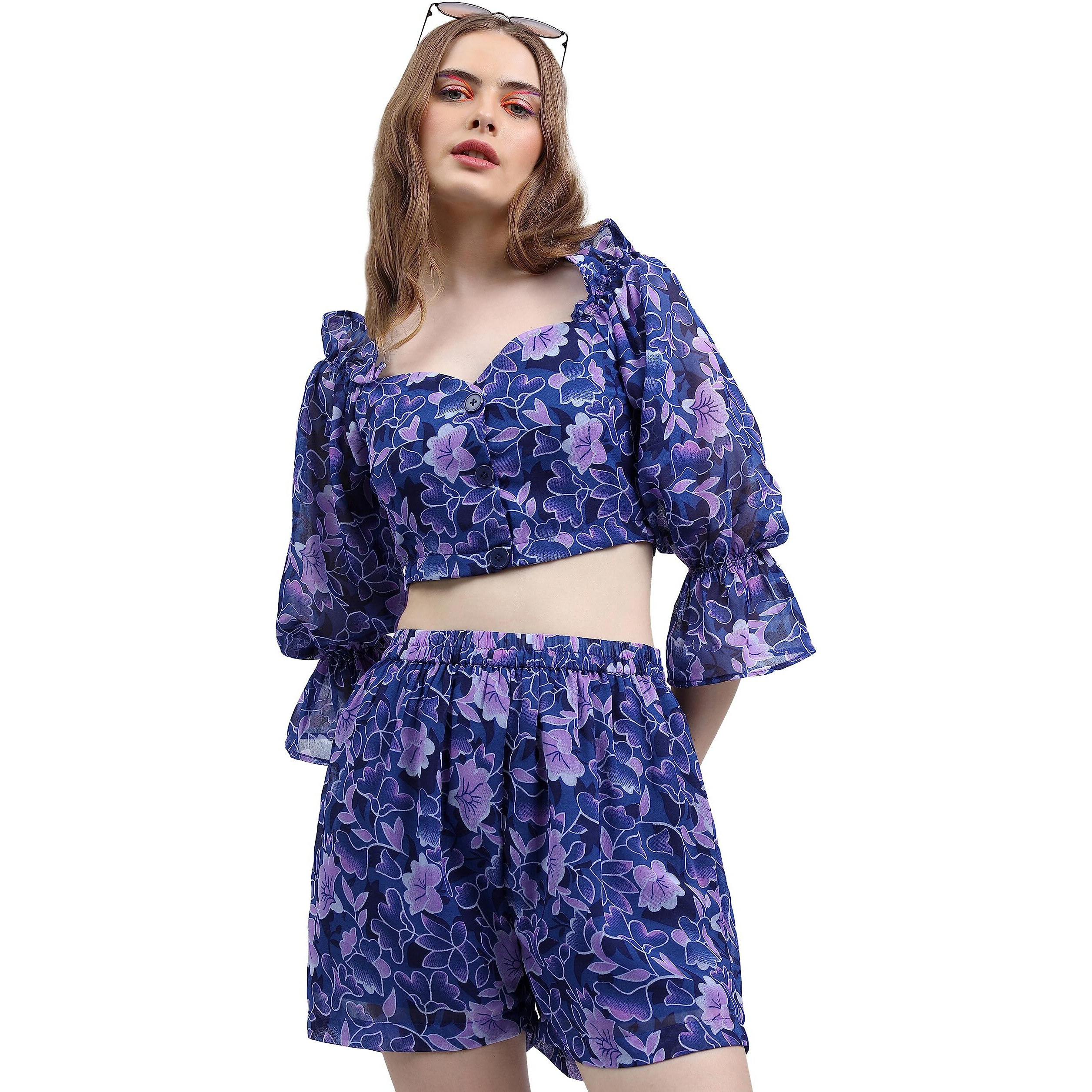 Ketch Polyester Women Western Casual Fit Co-Ord Set Standard Length Playwear Dress (Khce000056_Blue_Xs), Solid