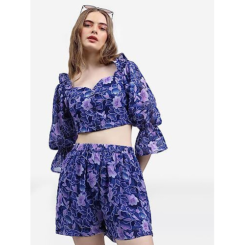 Ketch Polyester Women Western Casual Fit Co-Ord Set Standard Length Playwear Dress (Khce000056_Blue_Xs), Solid