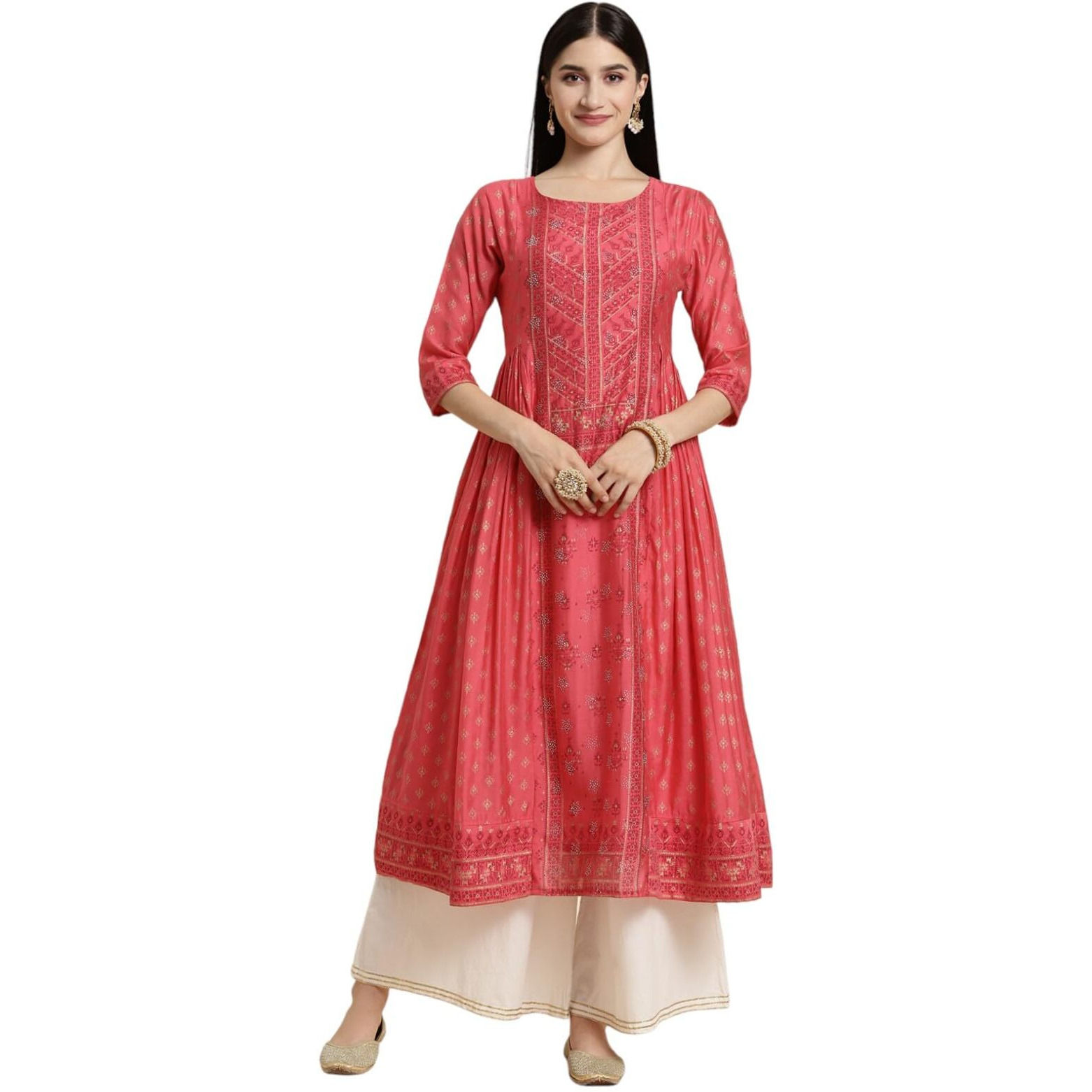 Rangita Coral Chanderi Calf Length Printed Flared Kurti For Women | Kurta For Women_M