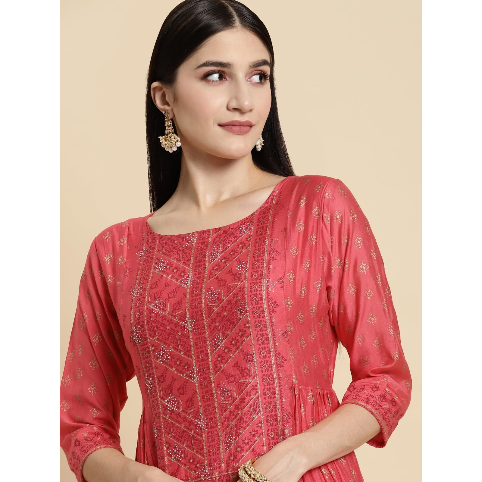 Rangita Coral Chanderi Calf Length Printed Flared Kurti For Women | Kurta For Women_M