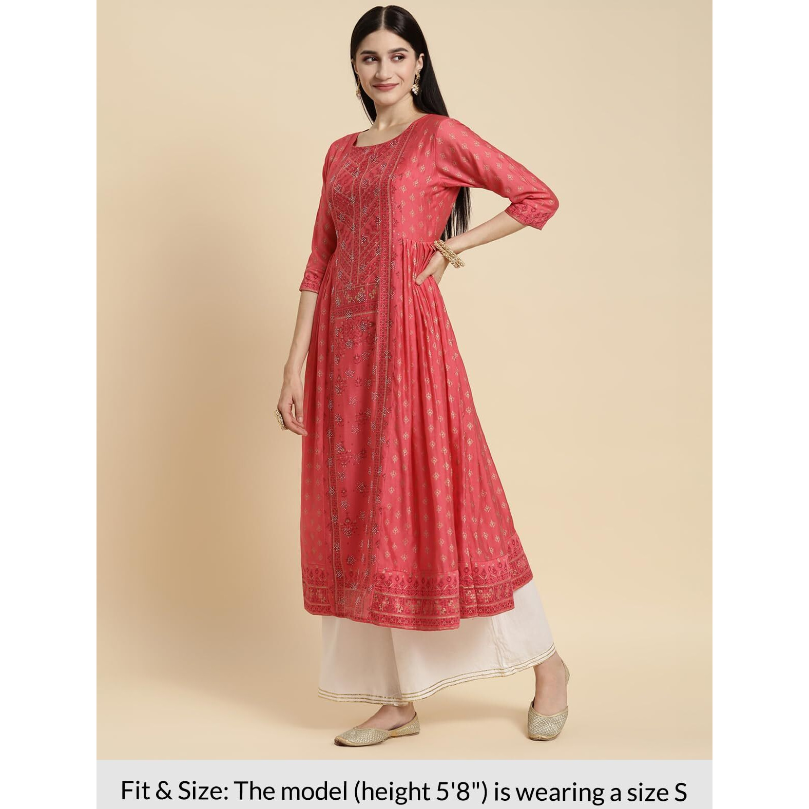 Rangita Coral Chanderi Calf Length Printed Flared Kurti For Women | Kurta For Women_M