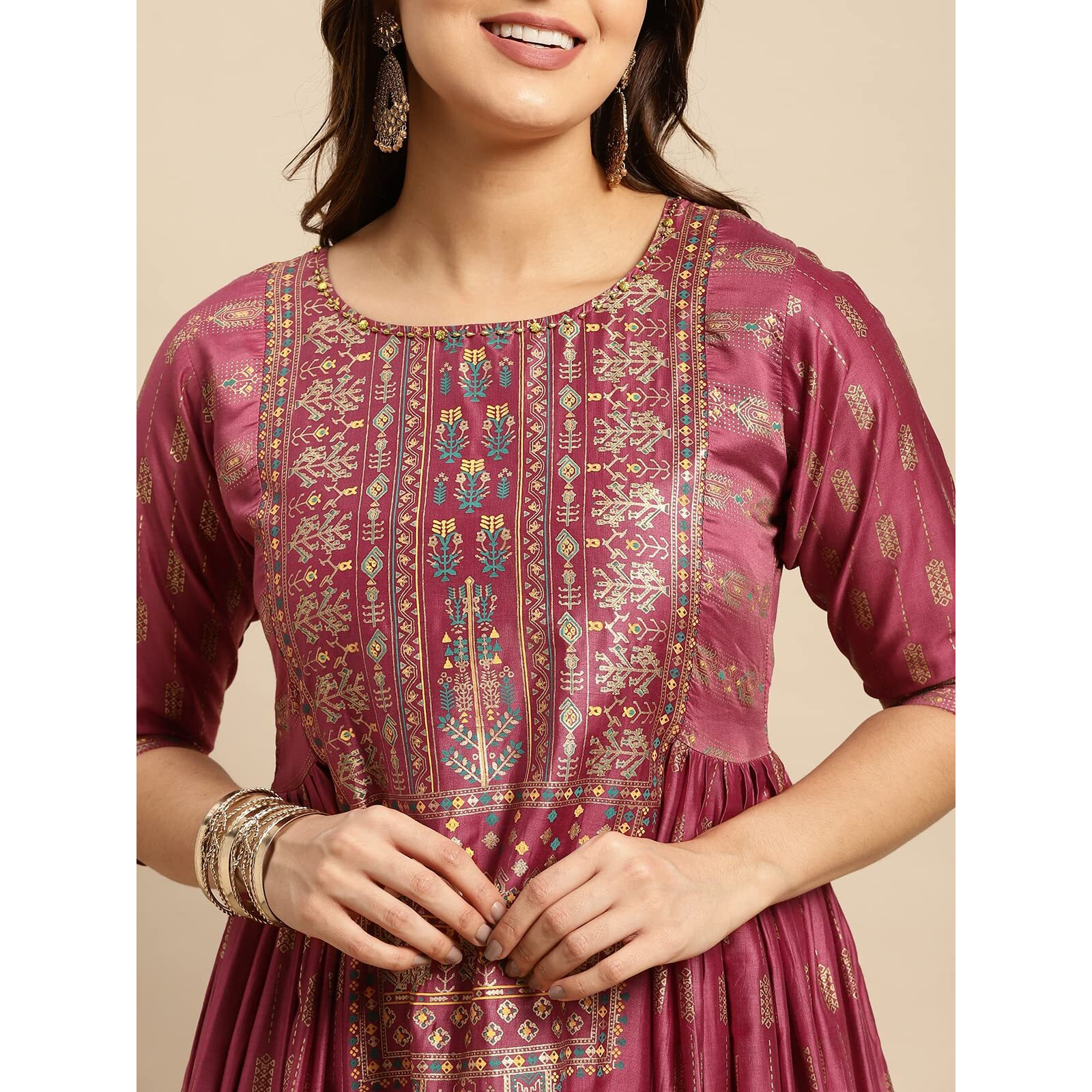 Rangita Burgundy Polyester Calf Length Printed Anarkali Kurti For Women | Kurta For Women_S