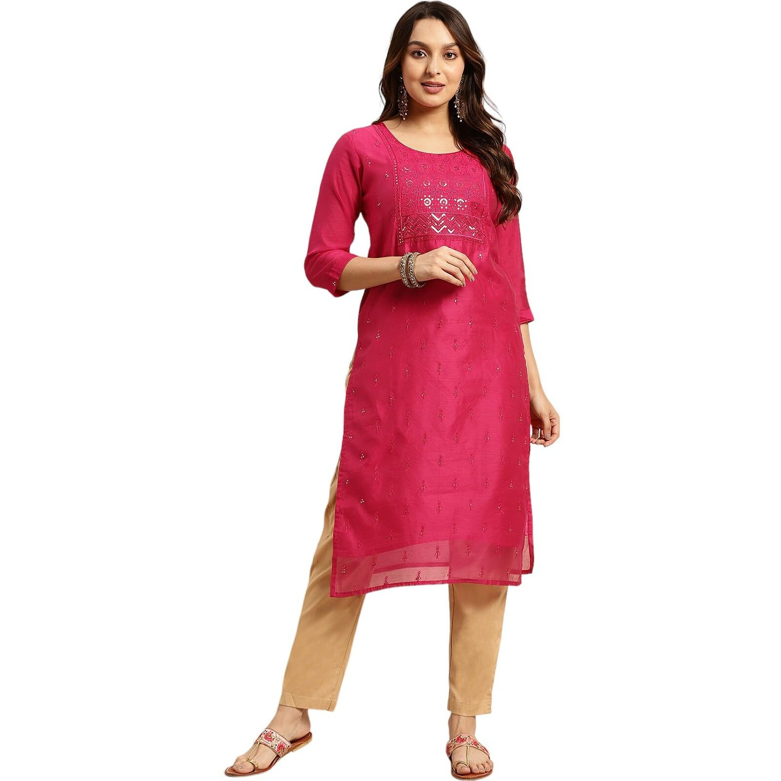 Rangita Pink Chanderi Calf Length Embellished Straight Kurti For Women | Kurta For Women_Xl