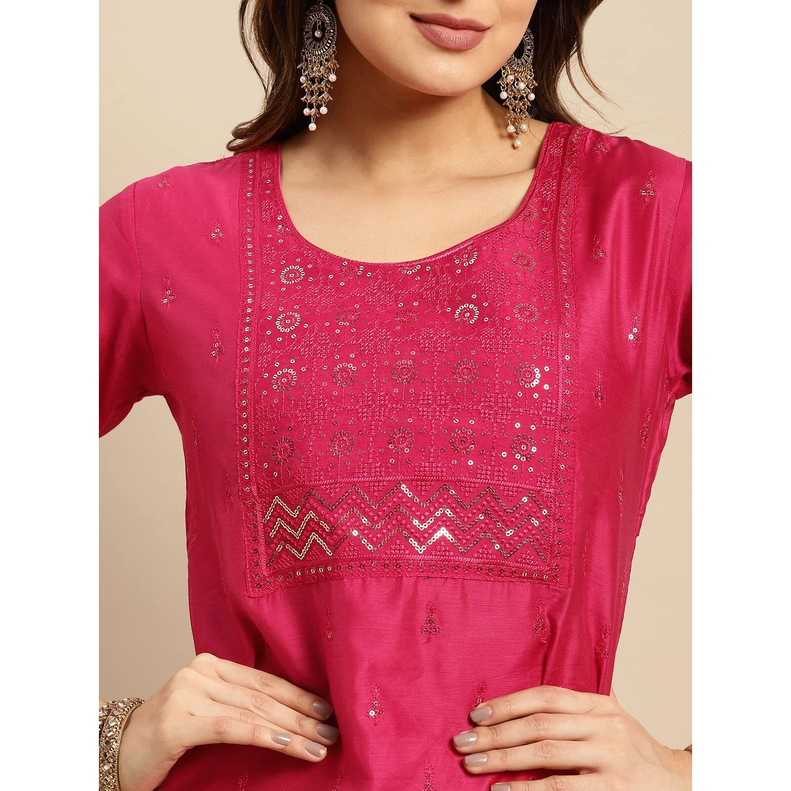 Rangita Pink Chanderi Calf Length Embellished Straight Kurti For Women | Kurta For Women_Xl