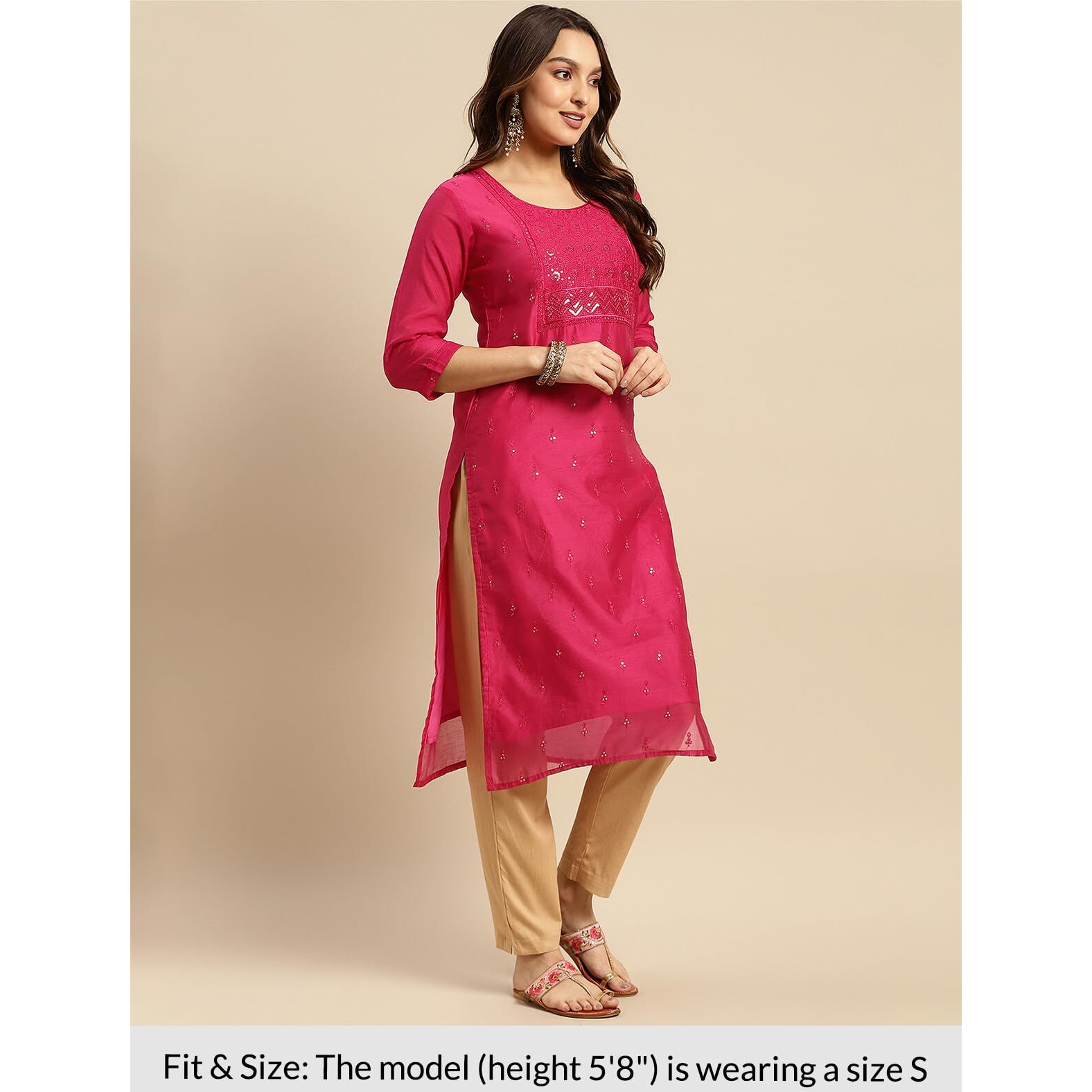 Rangita Pink Chanderi Calf Length Embellished Straight Kurti For Women | Kurta For Women_Xl