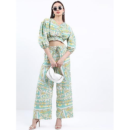 Ketch Polyester Women Western Casual Fit Co-Ord Set Standard Length Playwear Dress (Khce000057_Green_Xl)