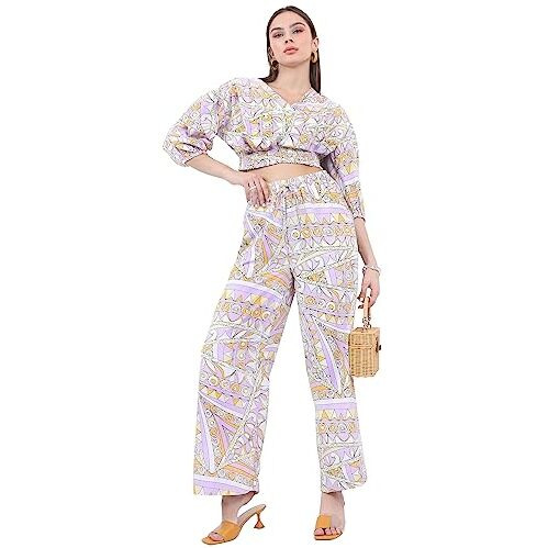 Ketch Polyester Women Western Casual Fit Co-Ord Set Standard Length Playwear Dress (Khce000058_Lavender_L)