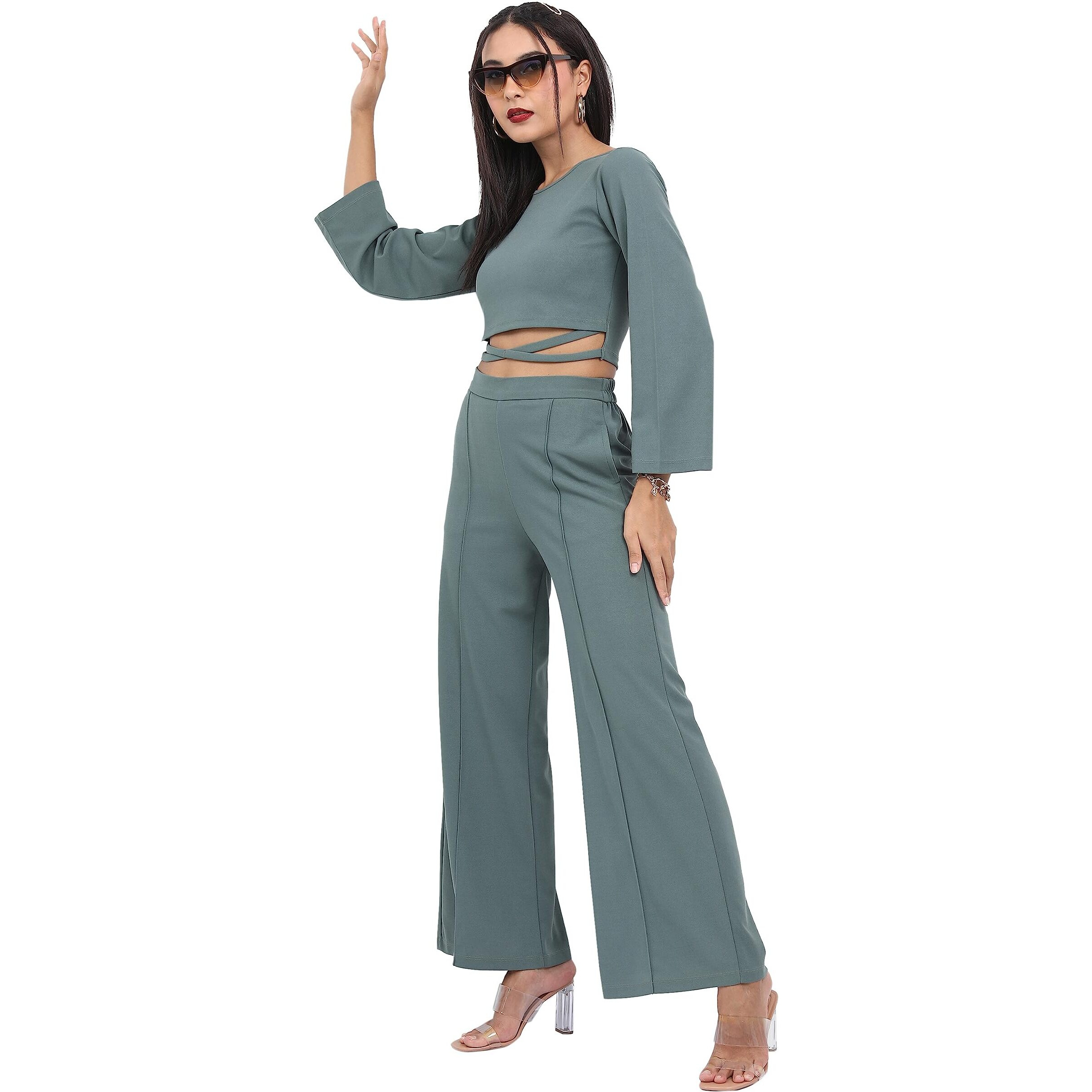 Ketch Polyester Blend Solid Women Western Casual Fit Co-Ord Set Standard Length Playwear Dress (Khce000061_Green_L)