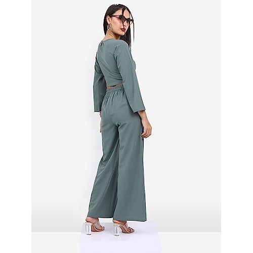 Ketch Polyester Blend Solid Women Western Casual Fit Co-Ord Set Standard Length Playwear Dress (Khce000061_Green_L)