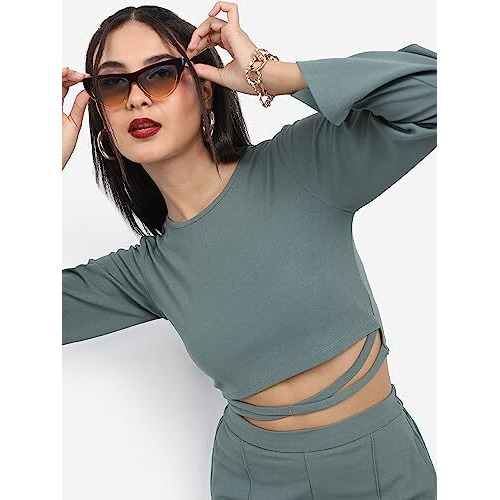 Ketch Women Polyester Blend Solid Western Casual Fit Co-Ord Set Standard Length Playwear Dress (Khce000061_Green_M)