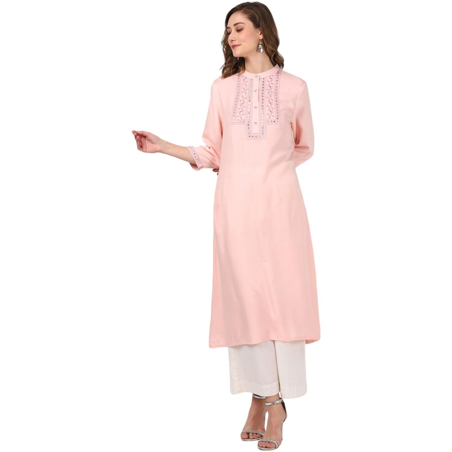 Rangita Peach Rayon Calf Length Embroidered A-Line Kurti For Women | Kurta For Women_M