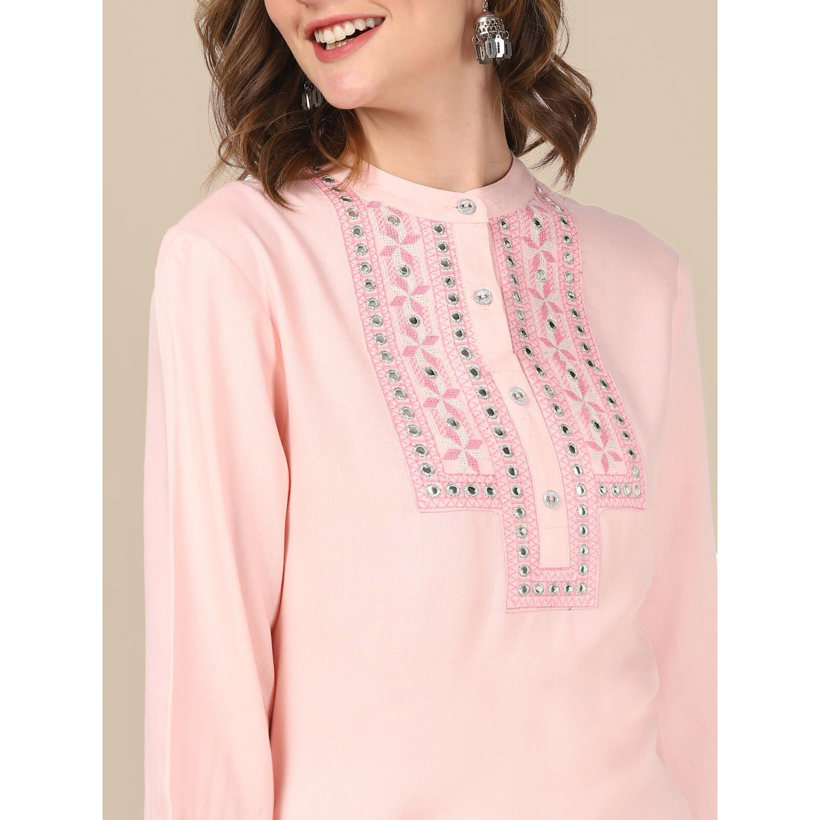 Rangita Peach Rayon Calf Length Embroidered A-Line Kurti For Women | Kurta For Women_M