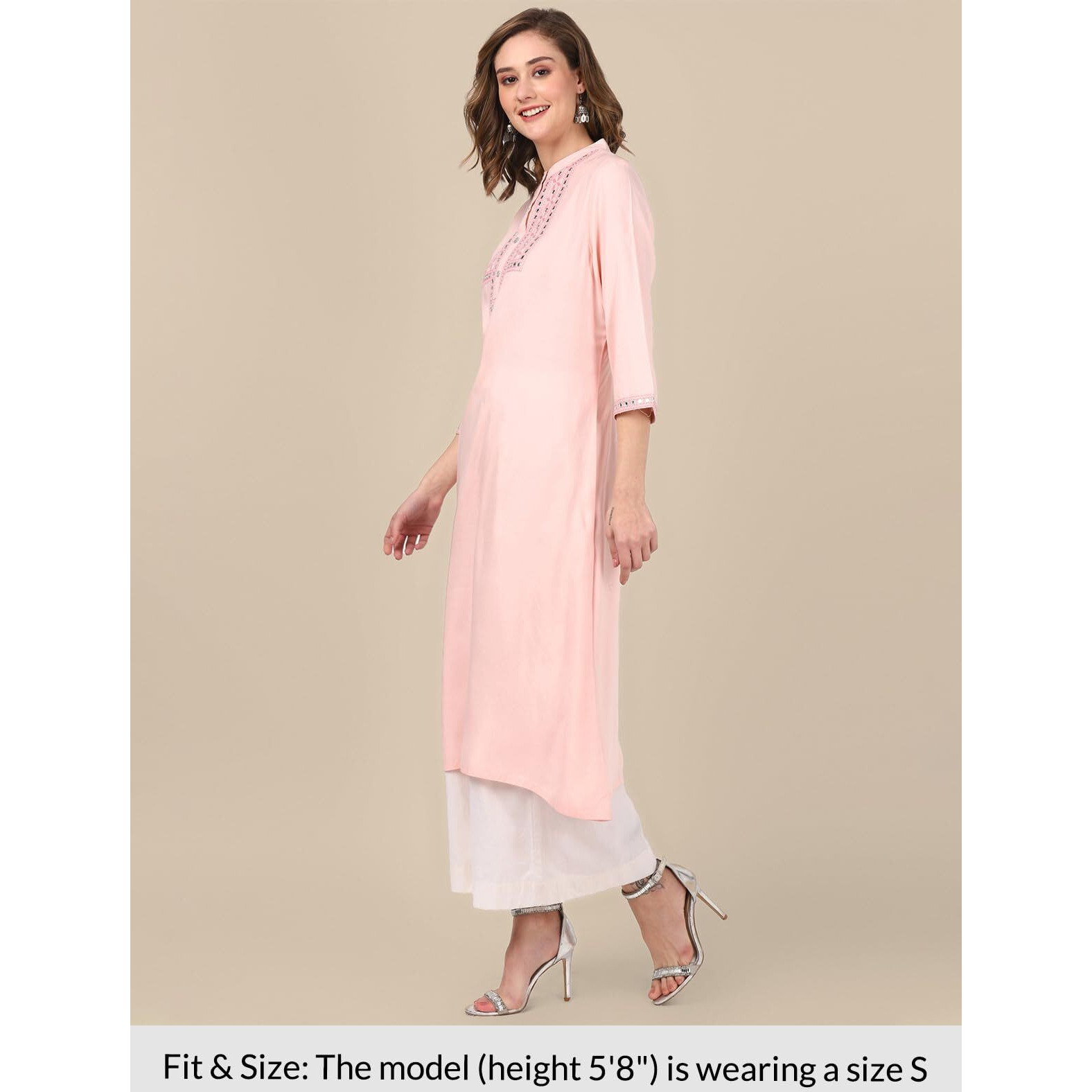Rangita Peach Rayon Calf Length Embroidered A-Line Kurti For Women | Kurta For Women_M