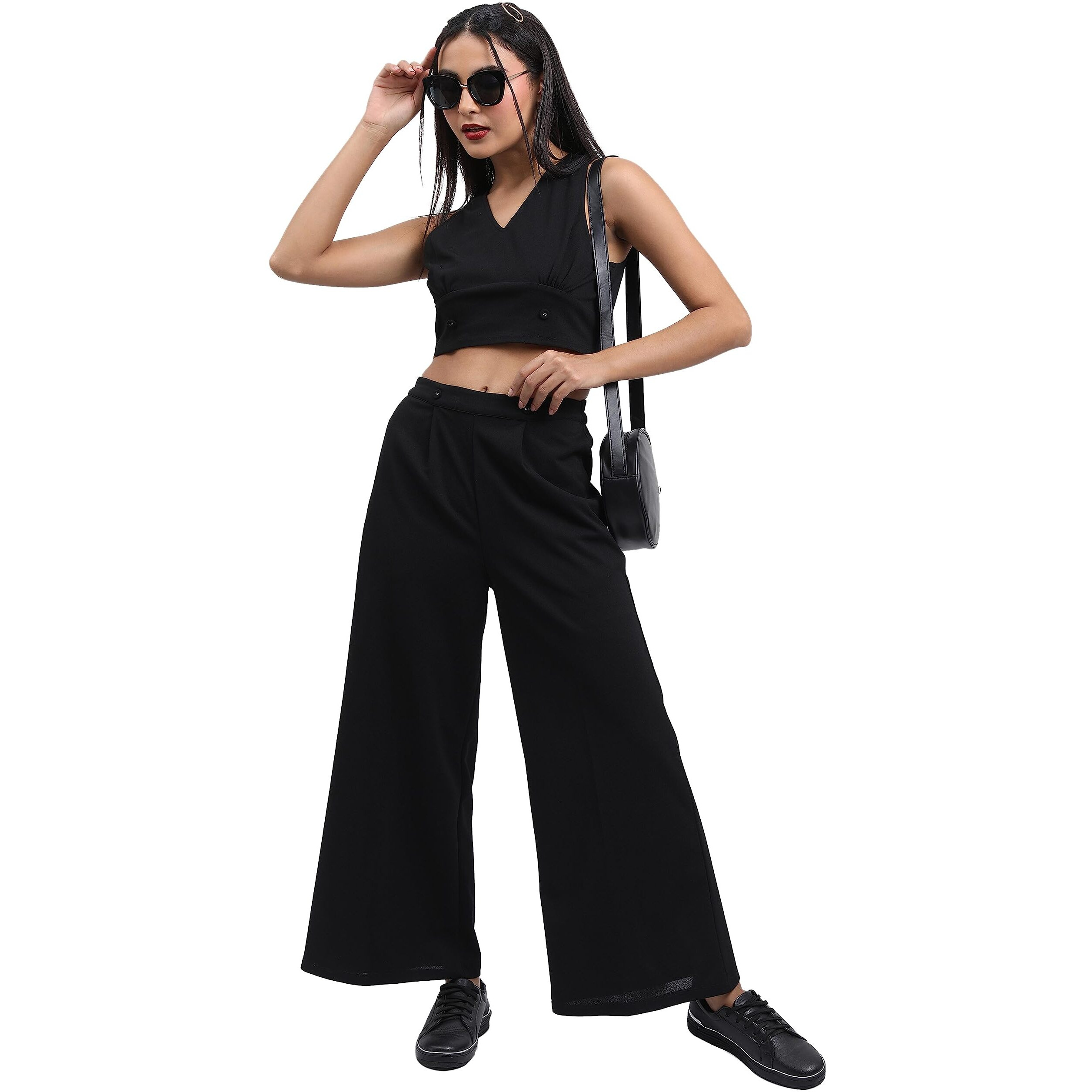 Ketch Polyester Blend Women Western Casual Fit Co-Ord Set Standard Length Playwear Dress (Khce000068_Black_M)