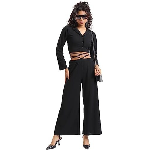 Ketch Polyester Blend Women Western Casual Fit Co-Ord Set Standard Length Playwear Dress (Khce000069_Black_L)