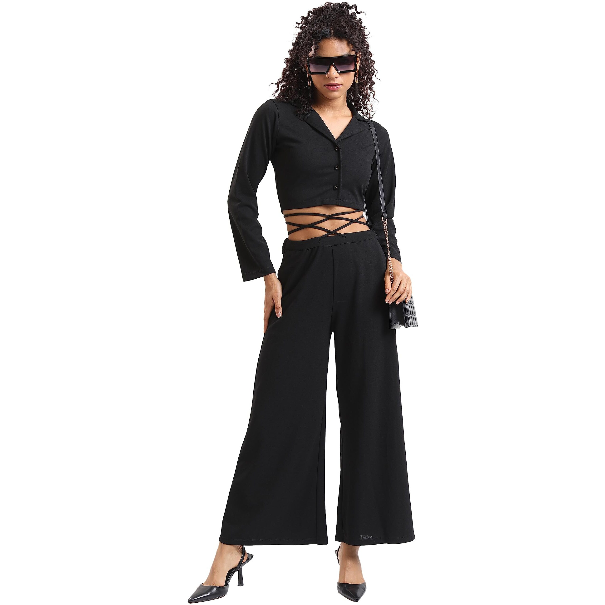 Ketch Polyester Blend Women Western Casual Fit Co-Ord Set Standard Length Playwear Dress (Khce000069_Black_S)