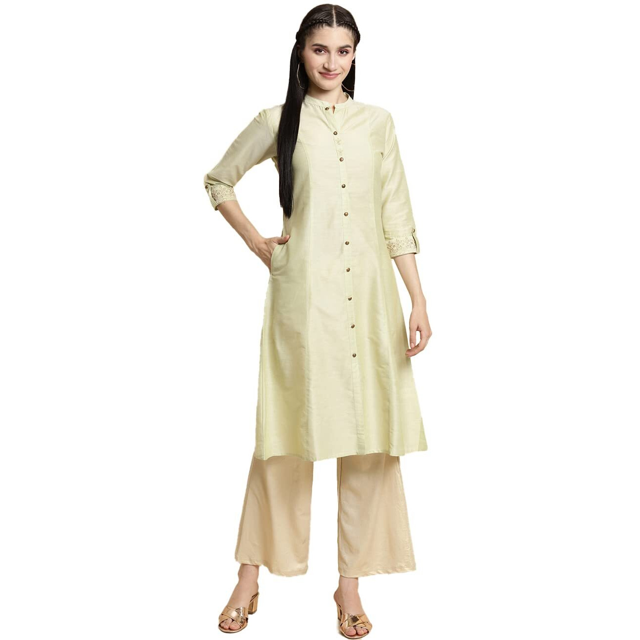 Rangita Green Polyester Calf Length Solid A-Line Kurti For Women | Kurta For Women_S