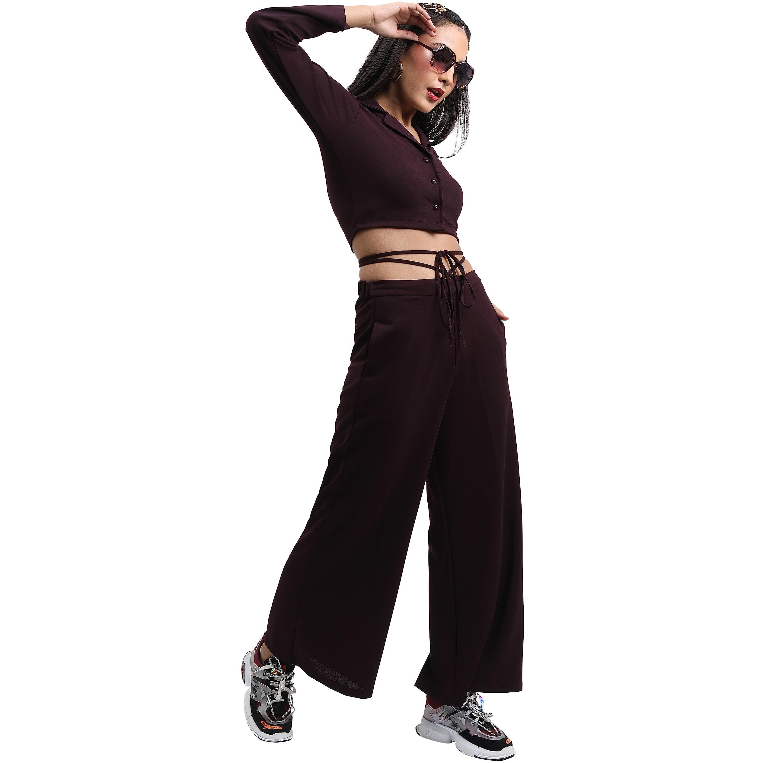 Ketch Polyester Blend Women Western Casual Fit Co-Ord Set Standard Length Playwear Dress (Khce000072_Plum_L)