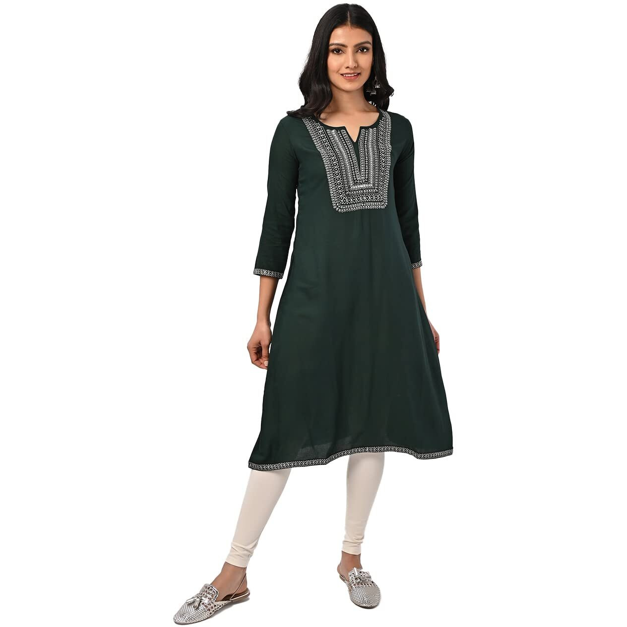 Rangita Green Rayon Calf Length Embroidered A-Line Kurti For Women | Kurta For Women_Xl