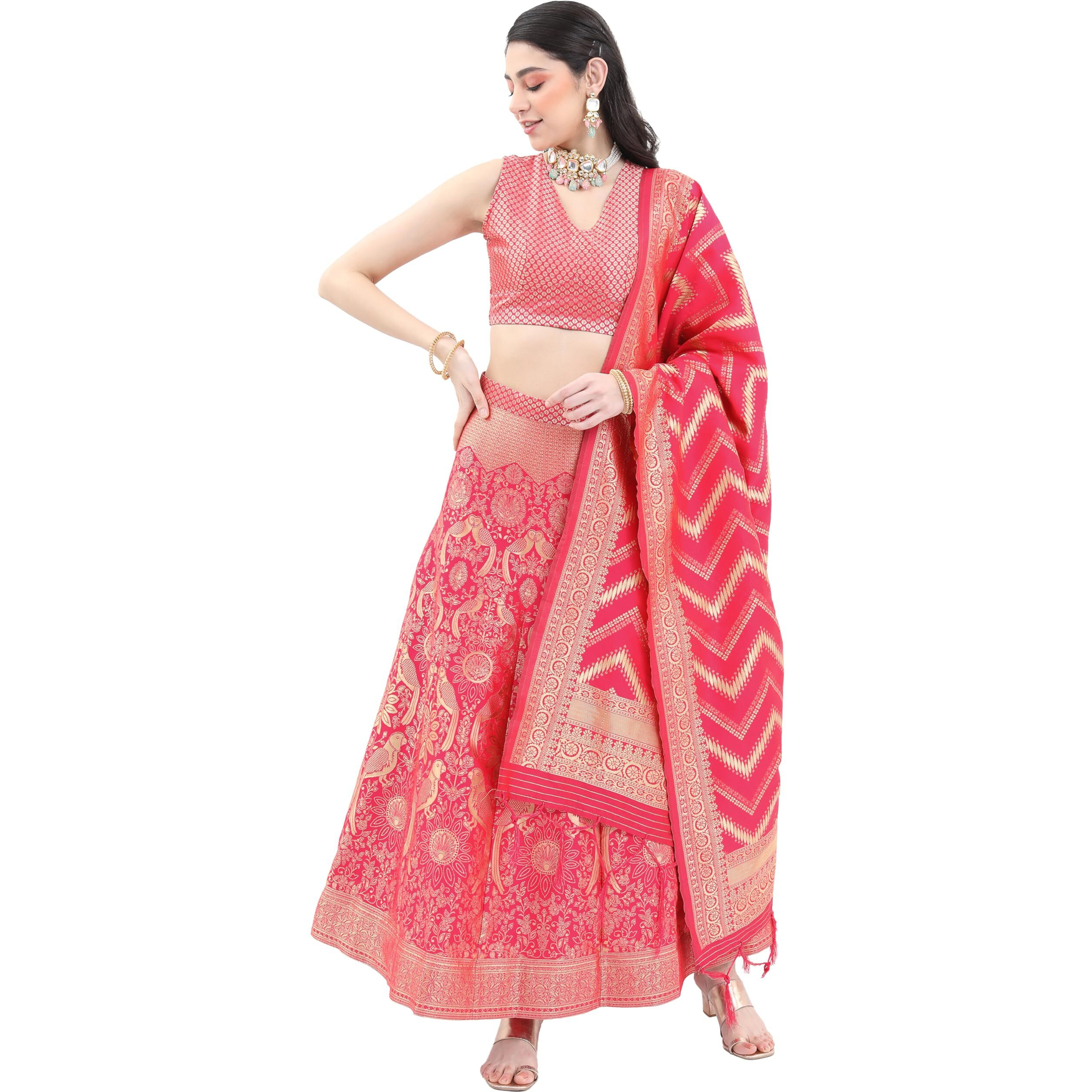 Ketch Women's Polyester Floral Ethnic Set (Khk3000709_Pink_S)