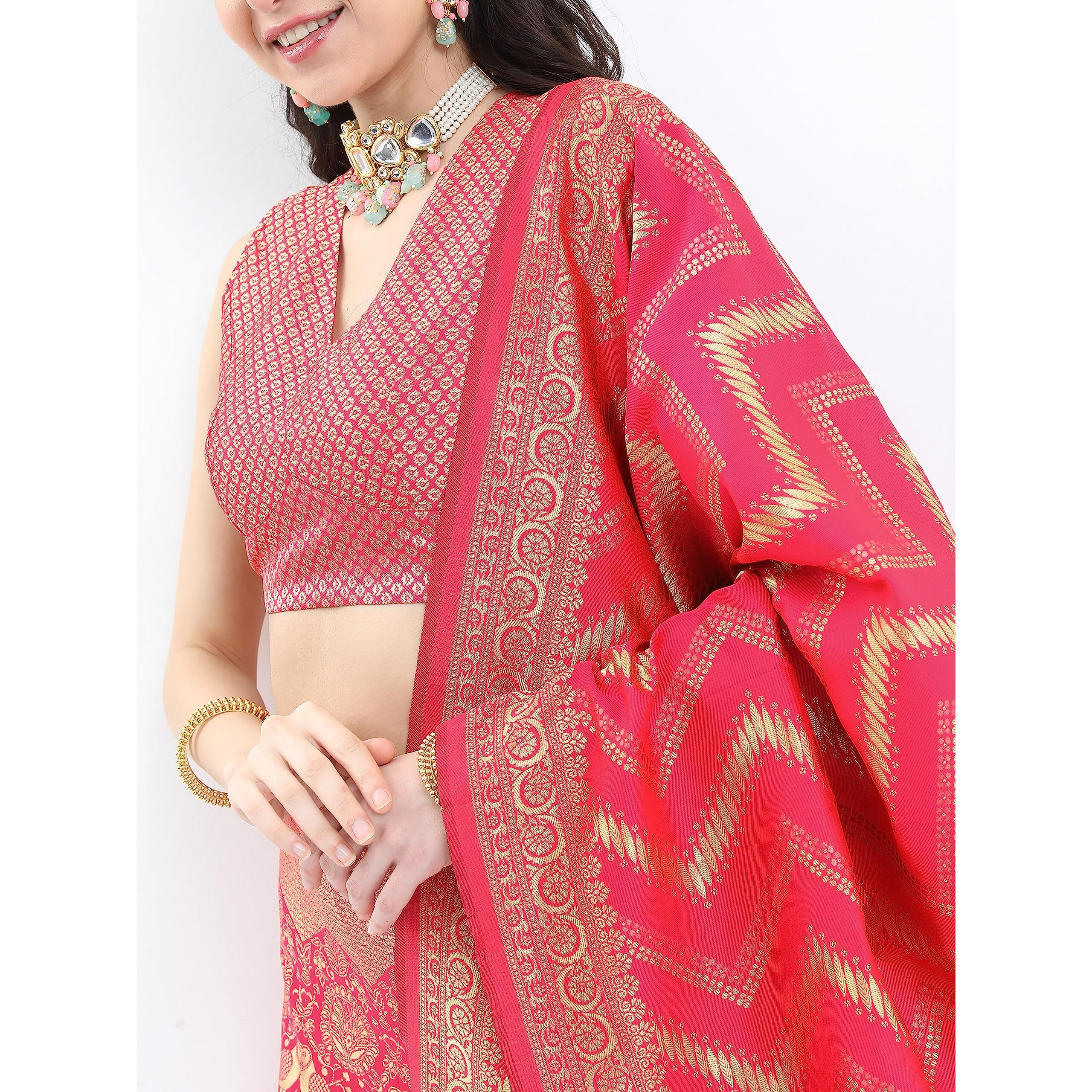 Ketch Women's Polyester Floral Ethnic Set (Khk3000709_Pink_S)
