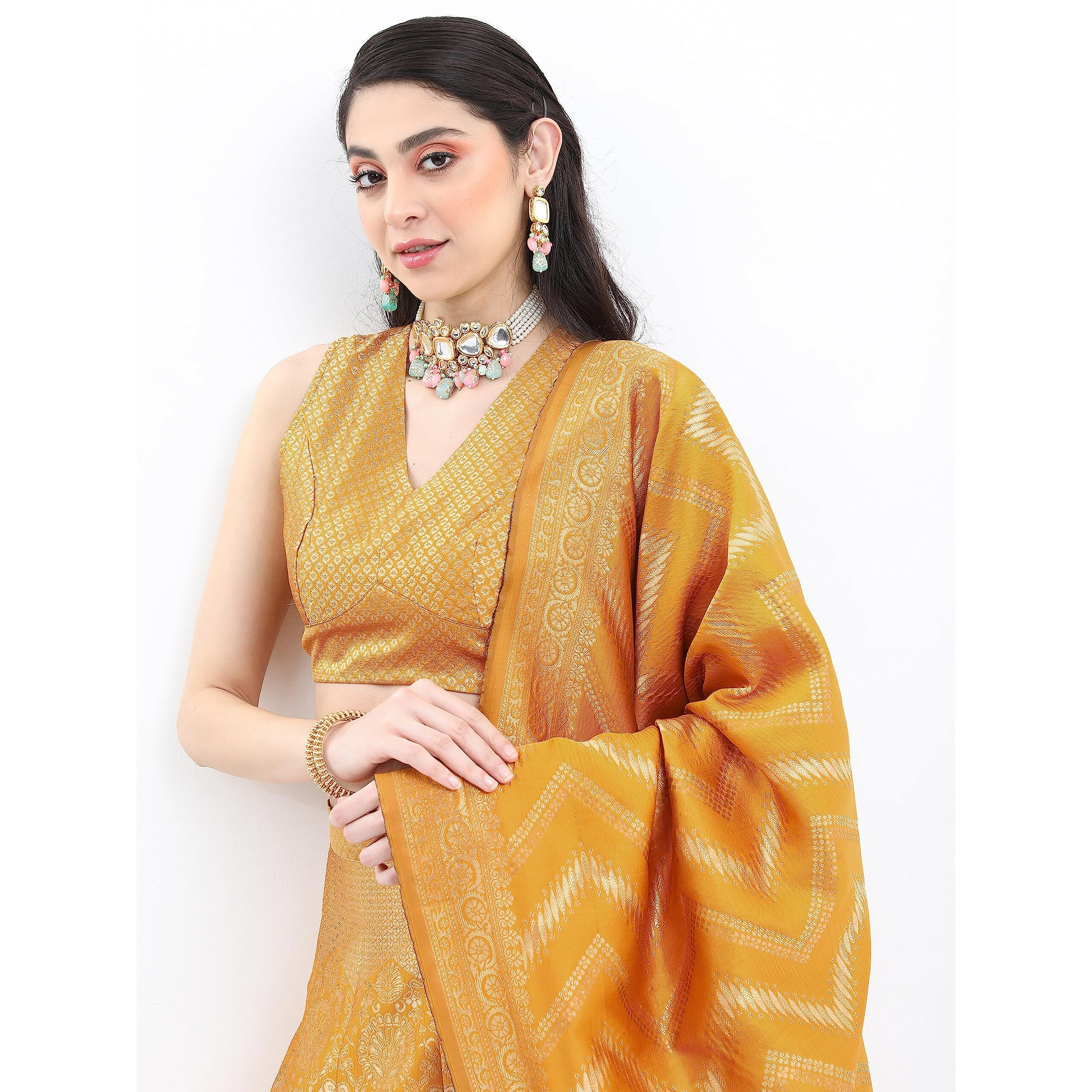Ketch Women's Polyester Ethnic Set (Khk3000710_Yellow_S)