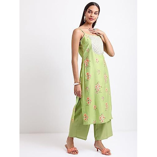Ketch Women's Polyester Blend Ethnic Set (Khk3000713_Green_2Xl)