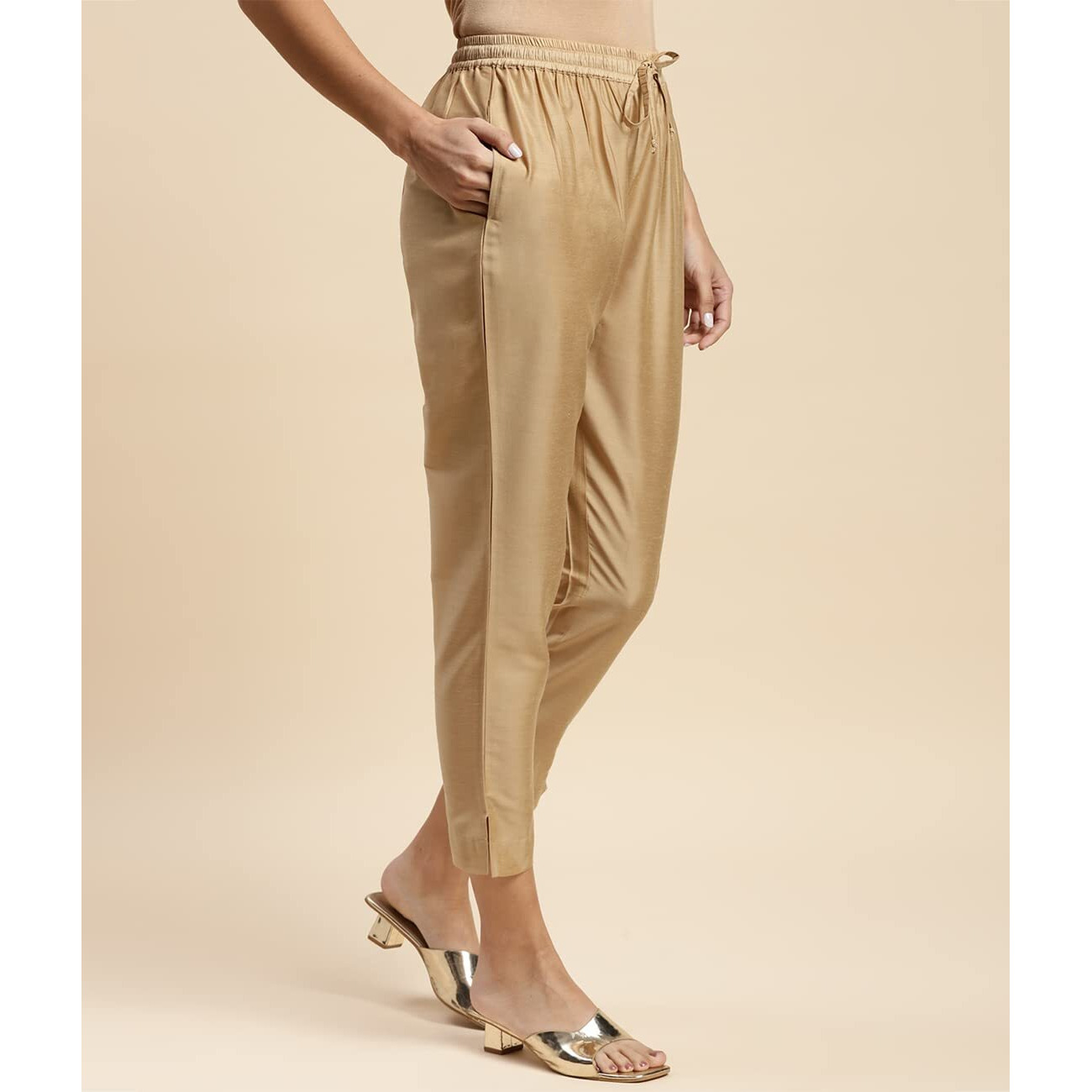 Rangita Women Beige Solid Ankle Length Straight Pant, S