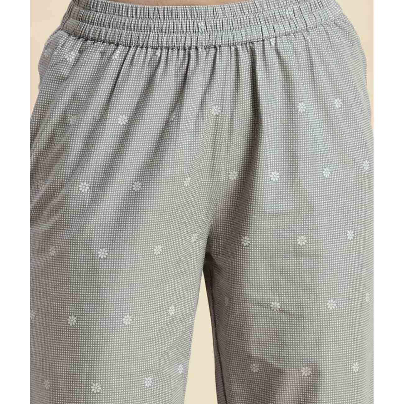 Rangita Women 100% Cotton Light Grey Printed Ankle Length Straight Pant, M