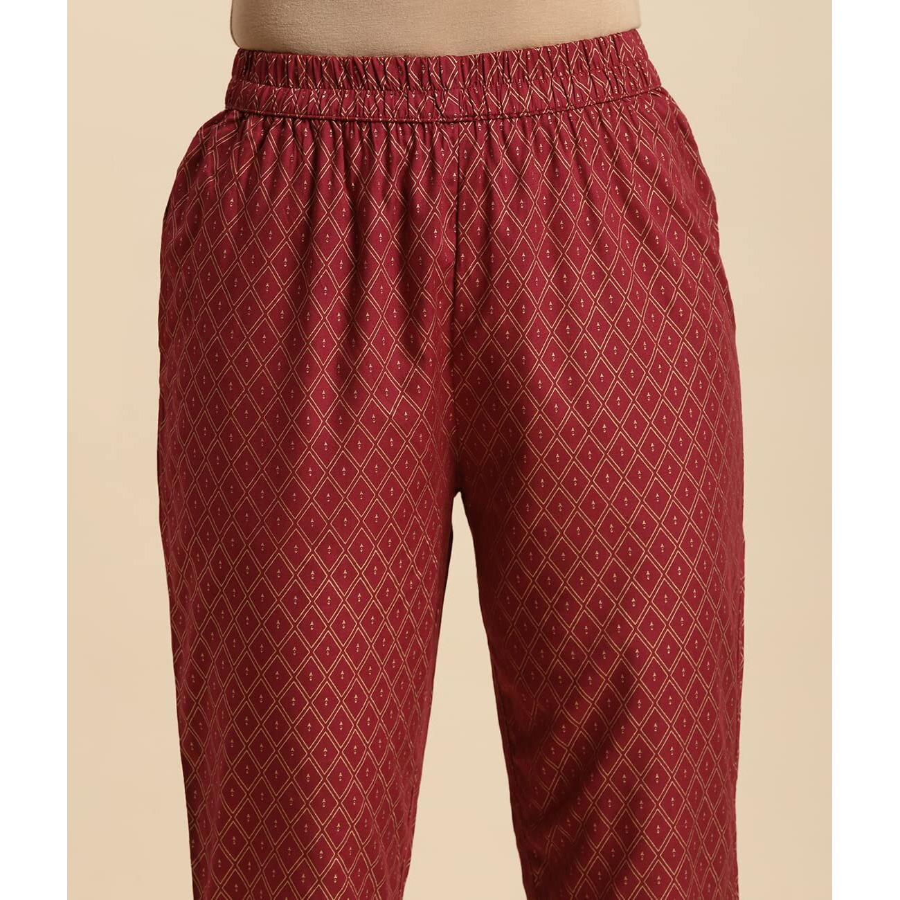 Rangita Women Rayon Maroon Gold Printed Ankle Length Straight Pant, S