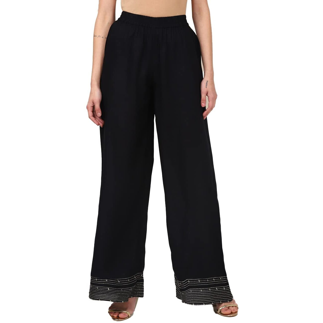 Rangita Women Rayon Black Solid Embroidered Ankle Length Regular Palazzo, M