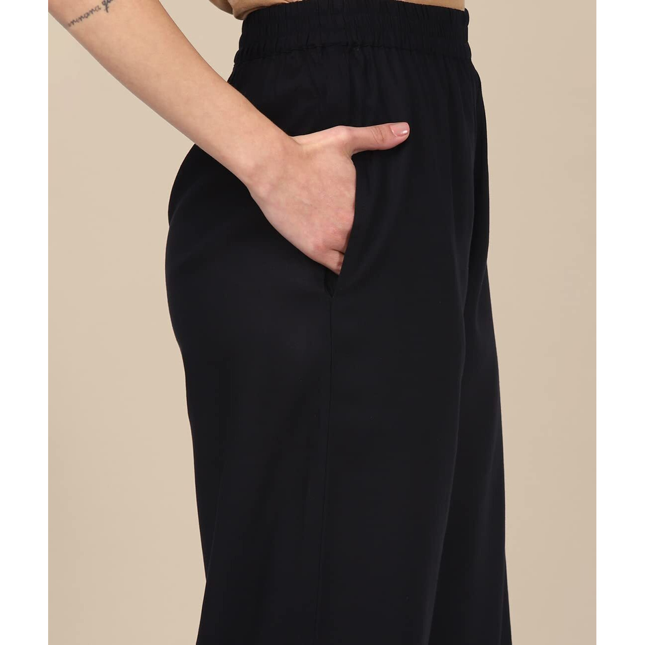 Rangita Women Rayon Black Solid Embroidered Ankle Length Regular Palazzo, M