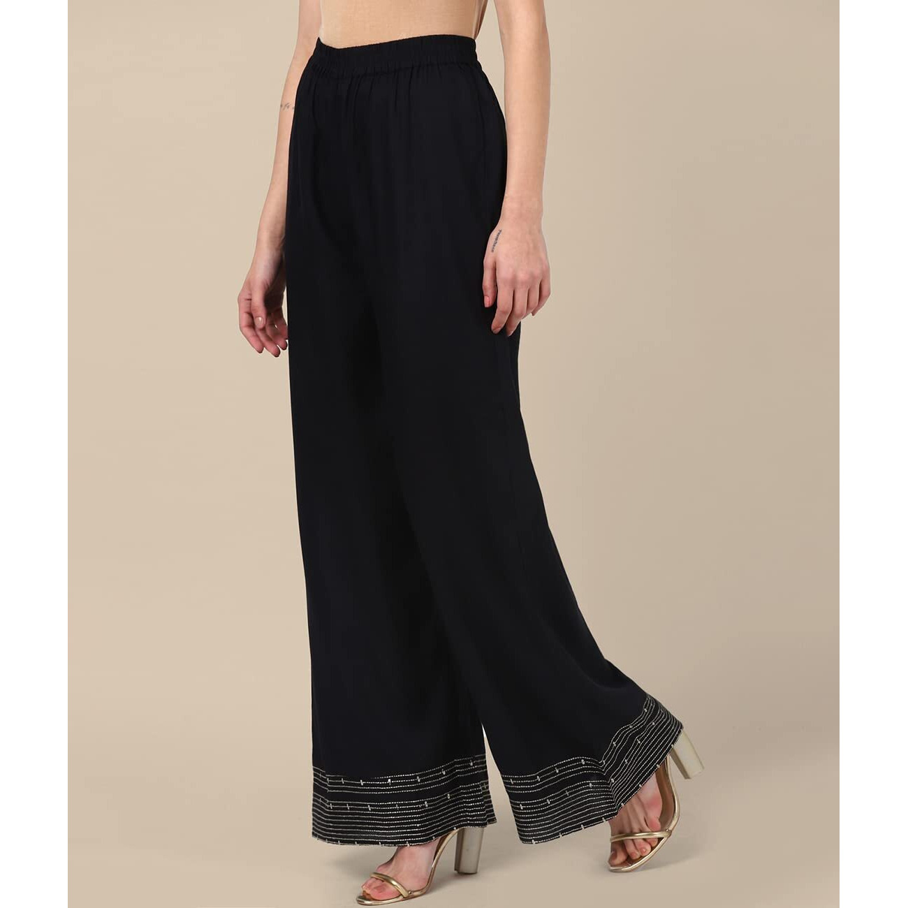 Rangita Women Rayon Black Solid Embroidered Ankle Length Regular Palazzo, M