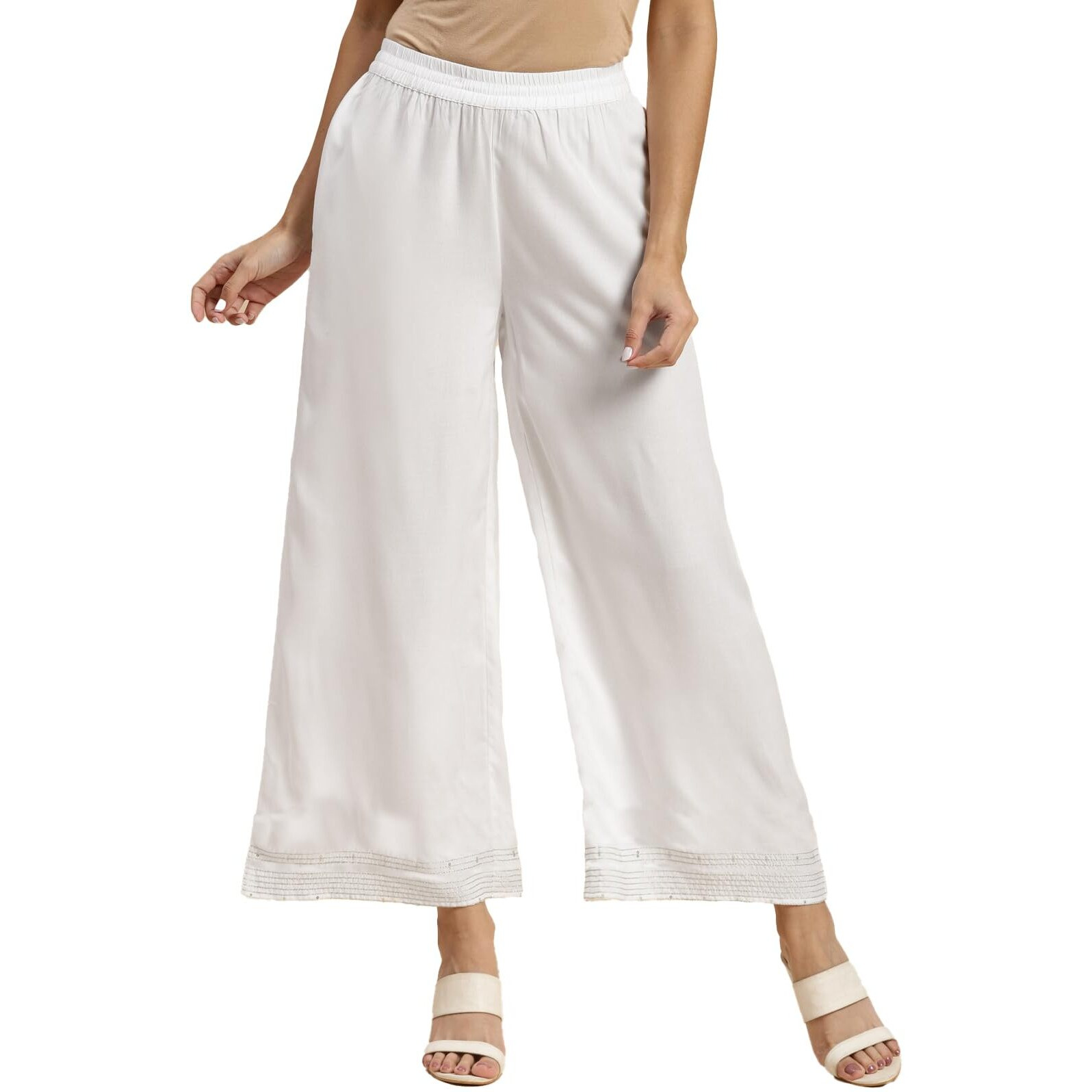 Rangita Women Rayon Off White Solid Embroidered Ankle Length Regular Palazzo, S