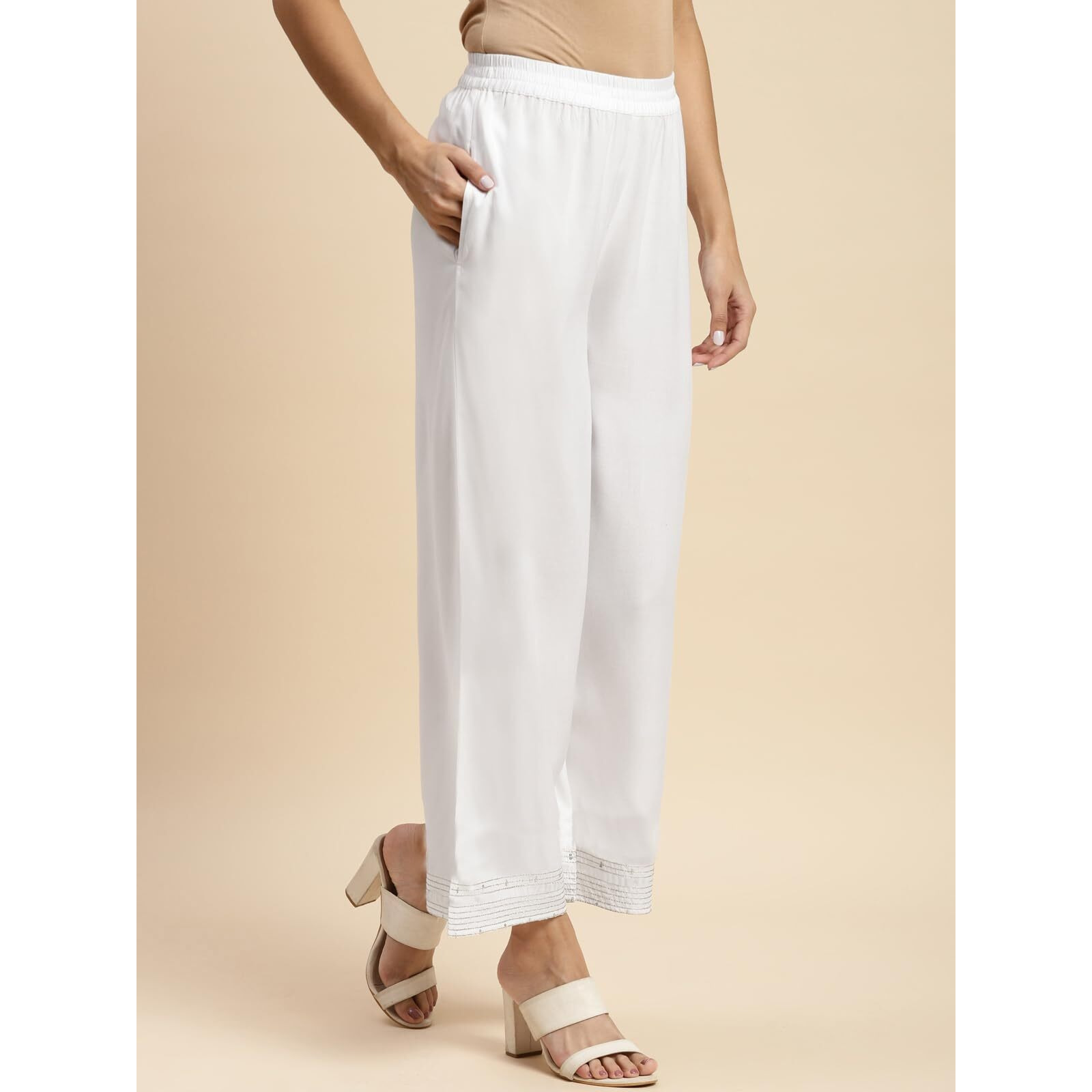 Rangita Women Rayon Off White Solid Embroidered Ankle Length Regular Palazzo, S
