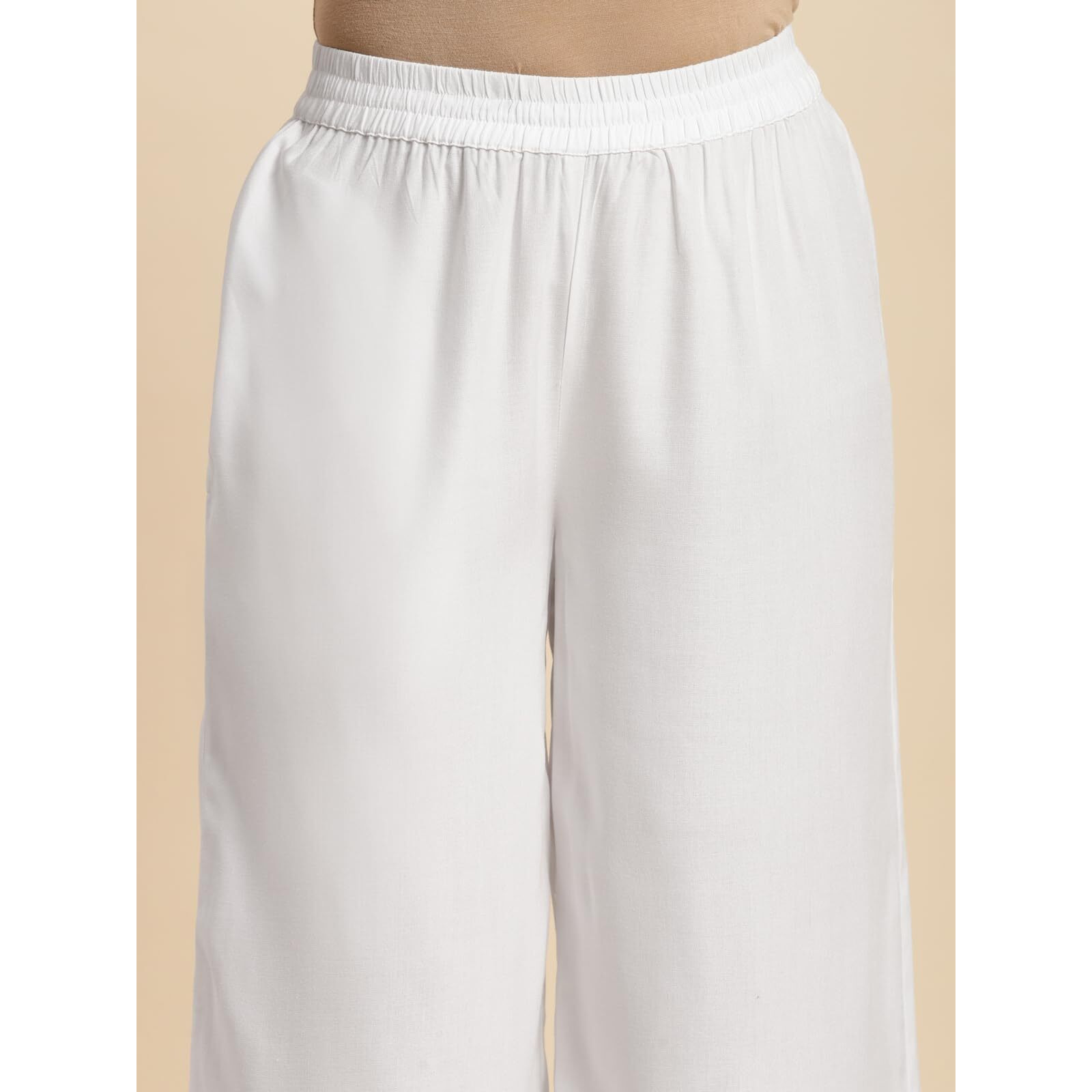 Rangita Women Rayon Off White Solid Embroidered Ankle Length Regular Palazzo, L