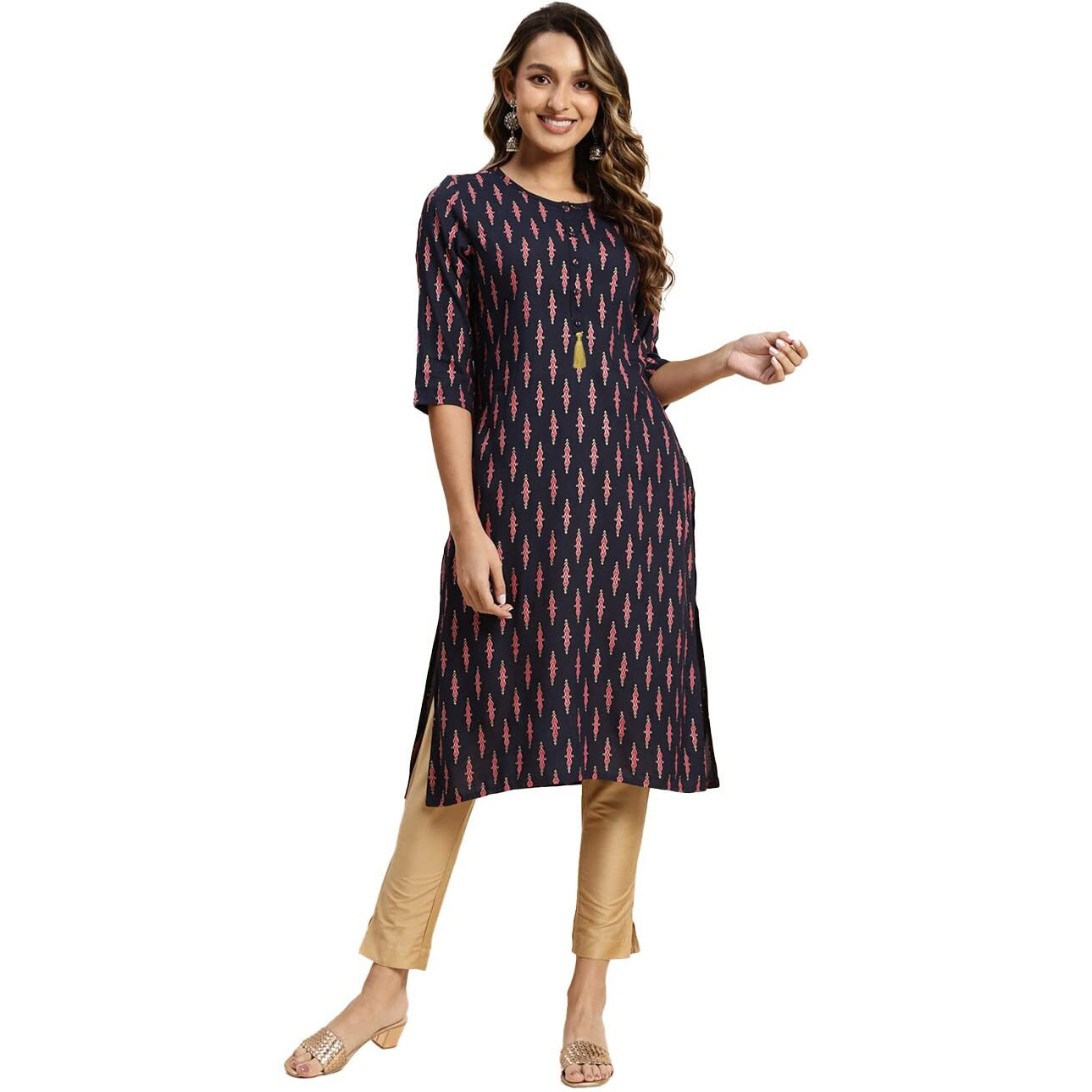 Rangita Navy Rayon Calf Length Printed Straight Kurti For Women | Kurta For Women_L