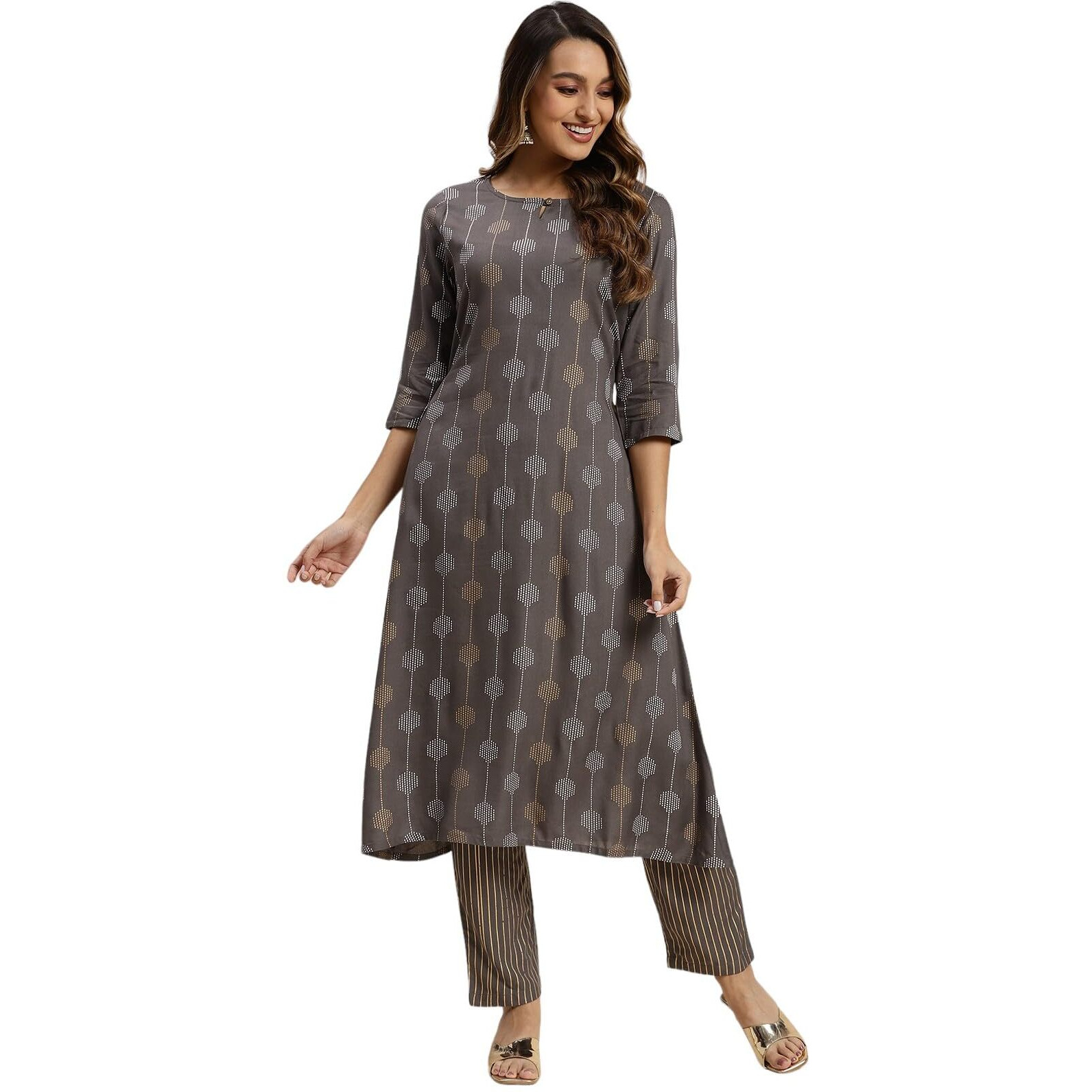 Rangita Women Rayon Gold Printed Calf Length A-Line Kurta With Pants Set_8905723142162