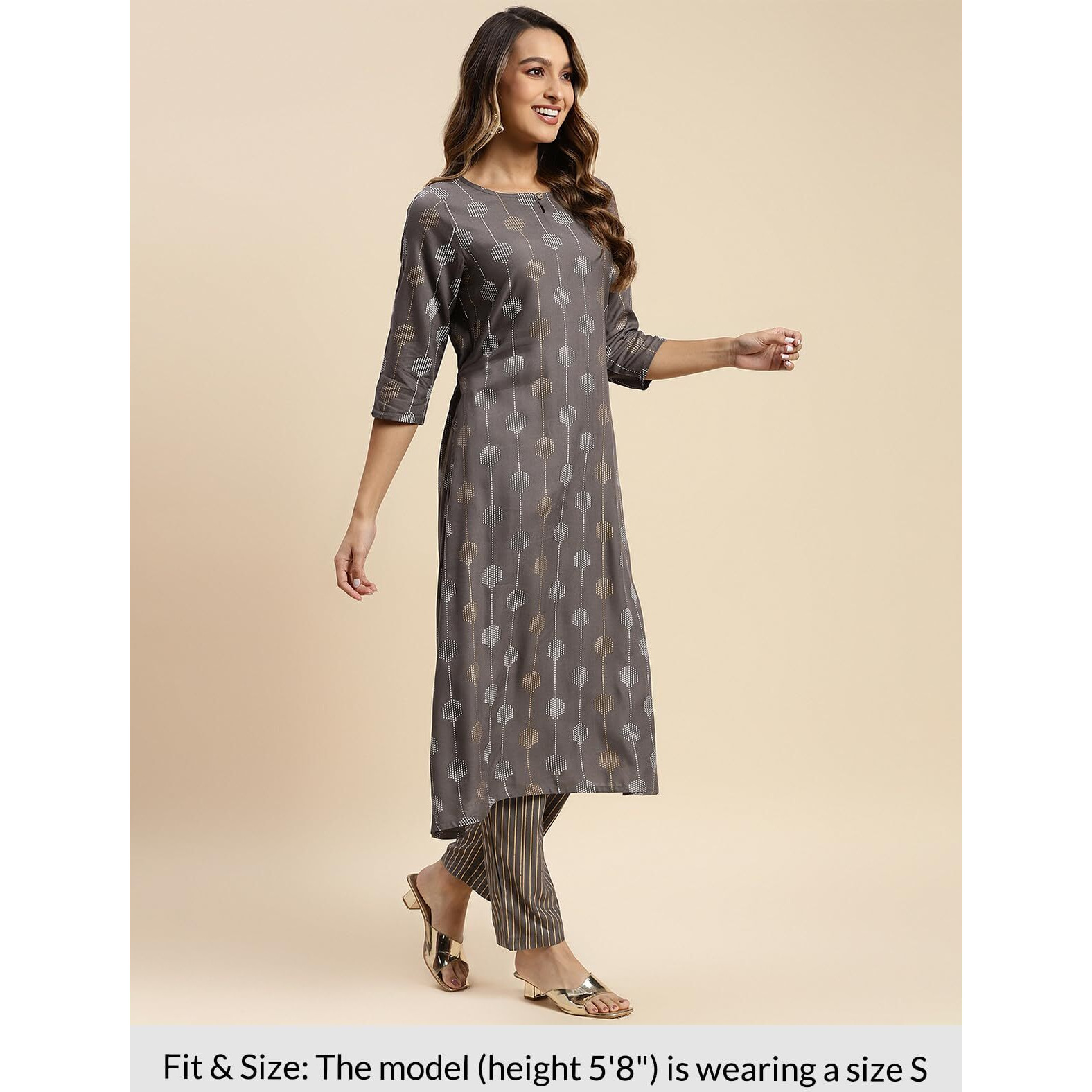 Rangita Women Rayon Gold Printed Calf Length A-Line Kurta With Pants Set_8905723142162