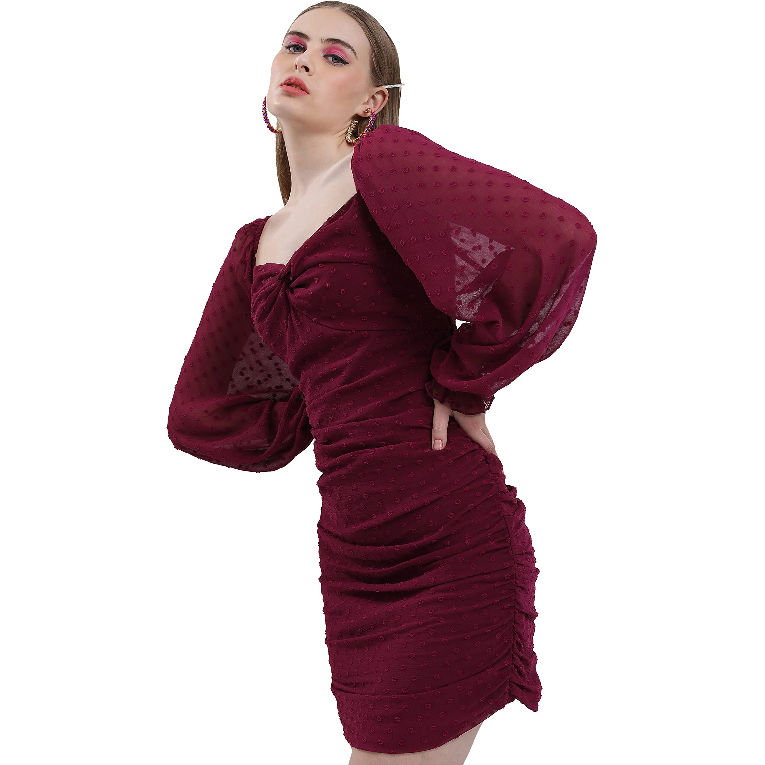 Ketch Women Polyester Modern Mini Casual Dress (Khj6000262_Burgandy, Maroon, Large
